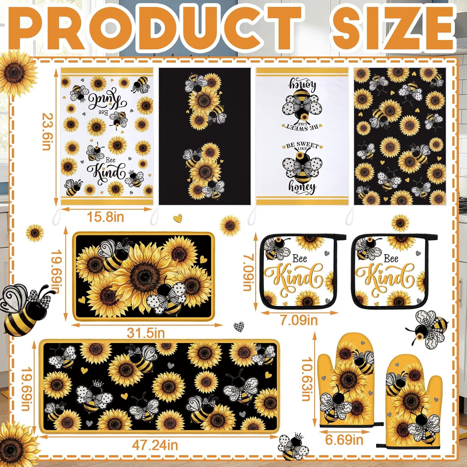 Fourluoo 10 Pcs Sunflower Kitchen Accessory Bee Oven Mitts and Pot Holder Set Retro Black Dish Towel Summer Rugs Mats Farmhouse Kitchen Accessories for Chef Baking Cooking Grilling BBQ Women Home Gift