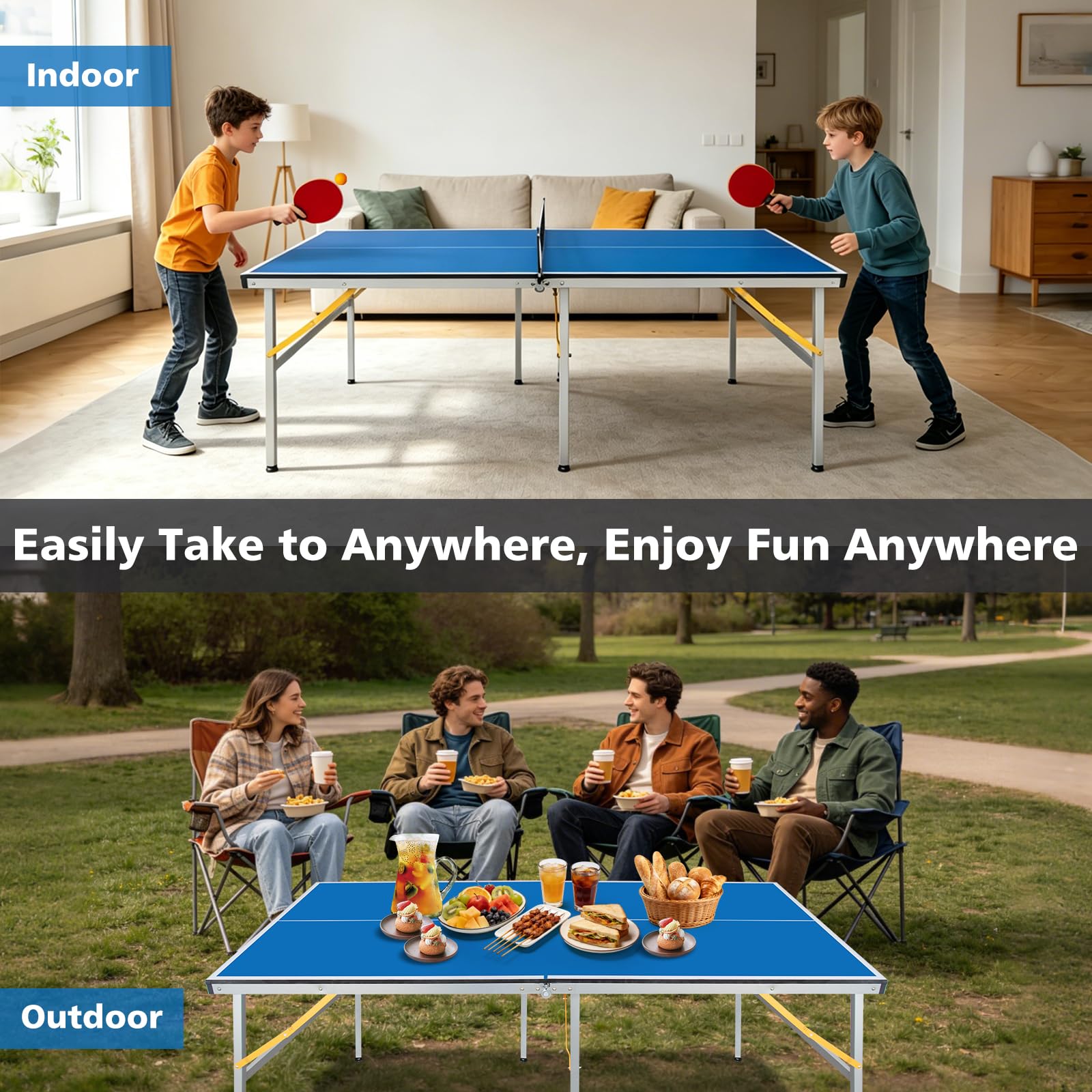 Tavolo da ping pong pieghevole di medie dimensioni con rete, pagaie e palline, in MDF multiuso, da 1,8 m x 91,8 cm, per bambini, adolescenti e adulti, compatto e portatile