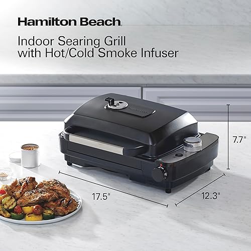 Miniatura 8 de Hamilton Beach Parrilla eléctrica para interiores con infusor de humo frío y caliente, control de temperatura de 150 F a 450 F para sellar, campana