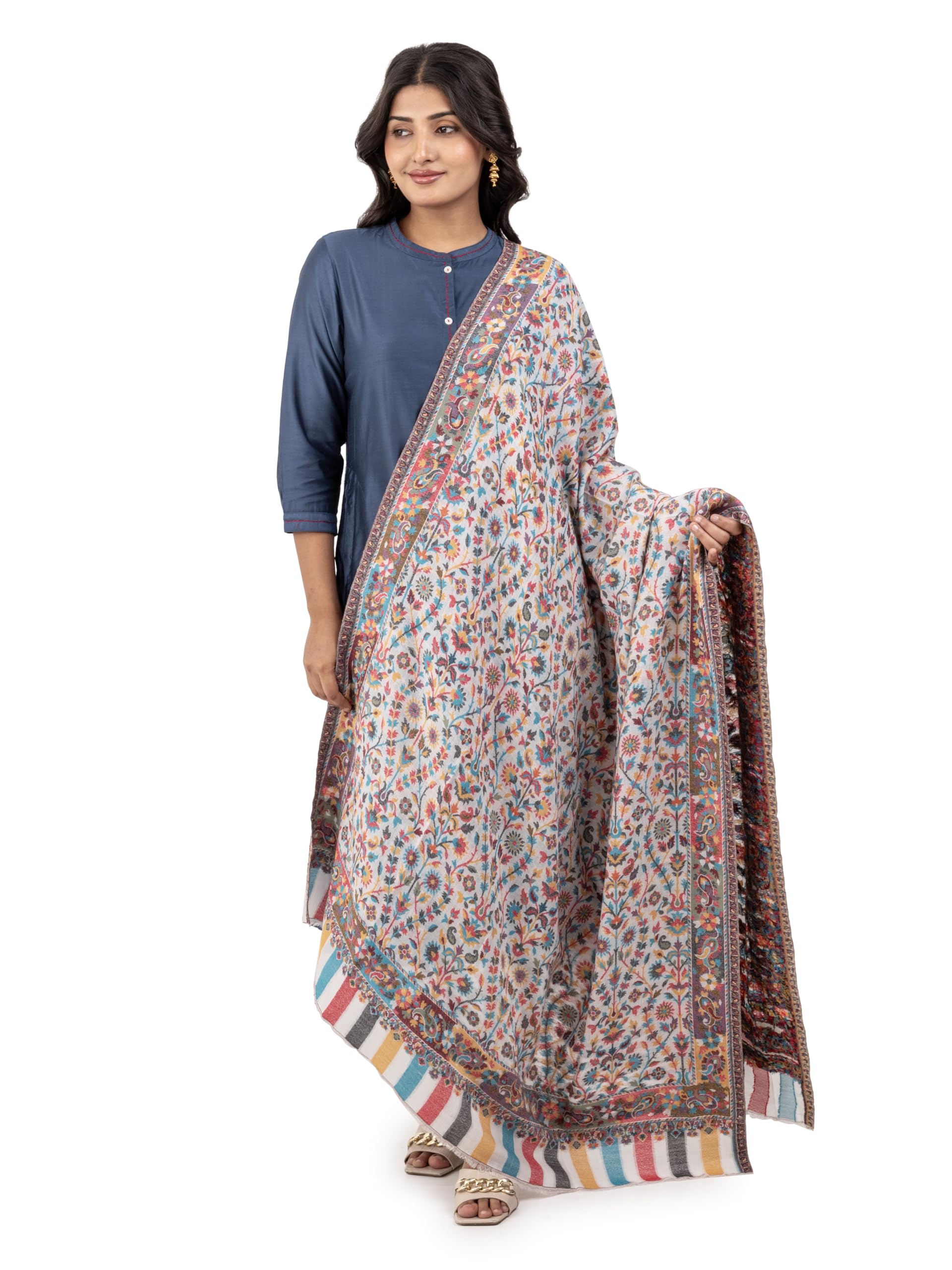 Naureen Women Ultra Soft Fine Wool Kani Shawl with Floral Artwork, Warm and Soft, 40x80 inch