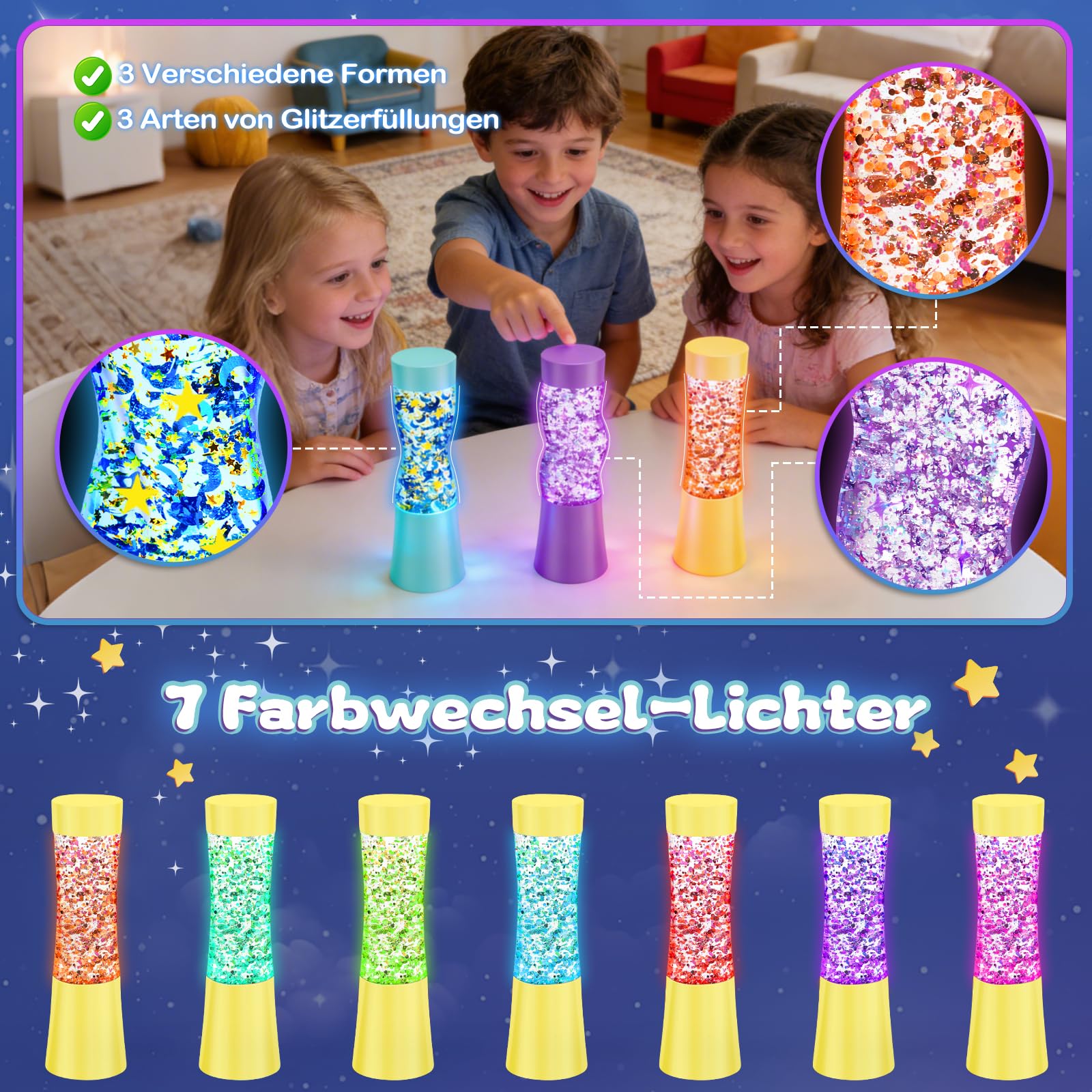 NYOBABE Leuchtende Sensorik Spielzeug,Sensorik Flaschen in 3 Formen,Nachleuchtende Sinneslampe zur Stress- und Angstbewältigung,Fidget Toys für Kinder＆Erwachsene,Stressabbau Spielzeug für Autismus 3+
