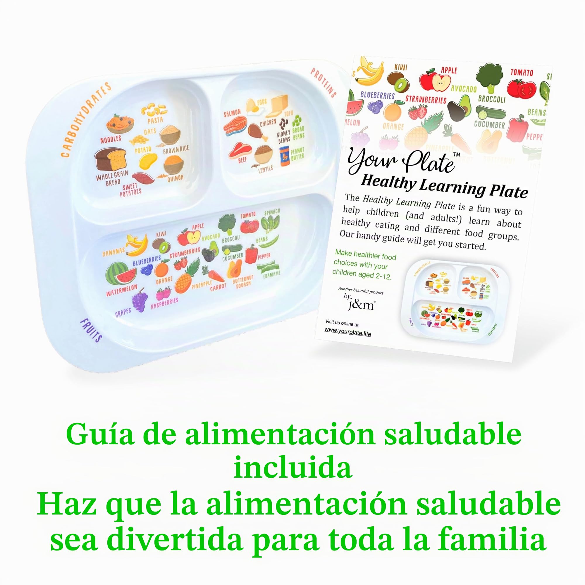 j&m Plato dividido de aprendizaje saludable para niños (4) | Aprenda Nutrición y Grupos de Alimentos | Secciones de colores para los más caprichosos | Melamina apta para niños, apta para lavavajillas