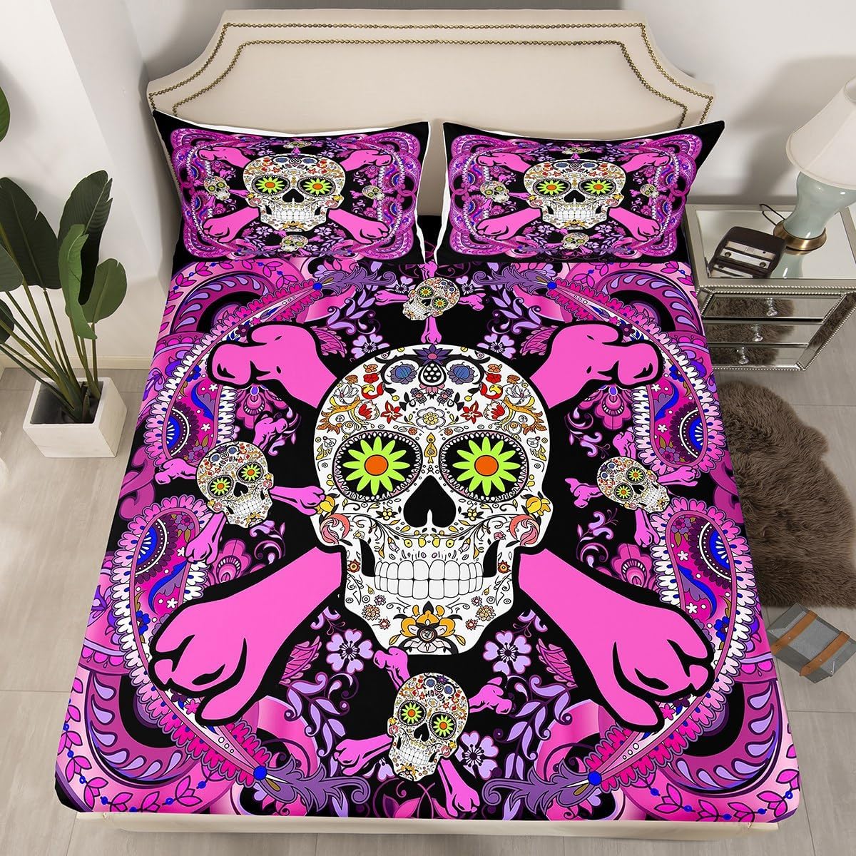 Erosebridal Sugar Skull Fitted Sheet Twin,Bohemian Paisley Bed Sheets Gothic Bone Sheet Set Exotic Boho Floral Colorful Top Sheet Tribal Nordic Skeleton Halloween Decor,Pink Red