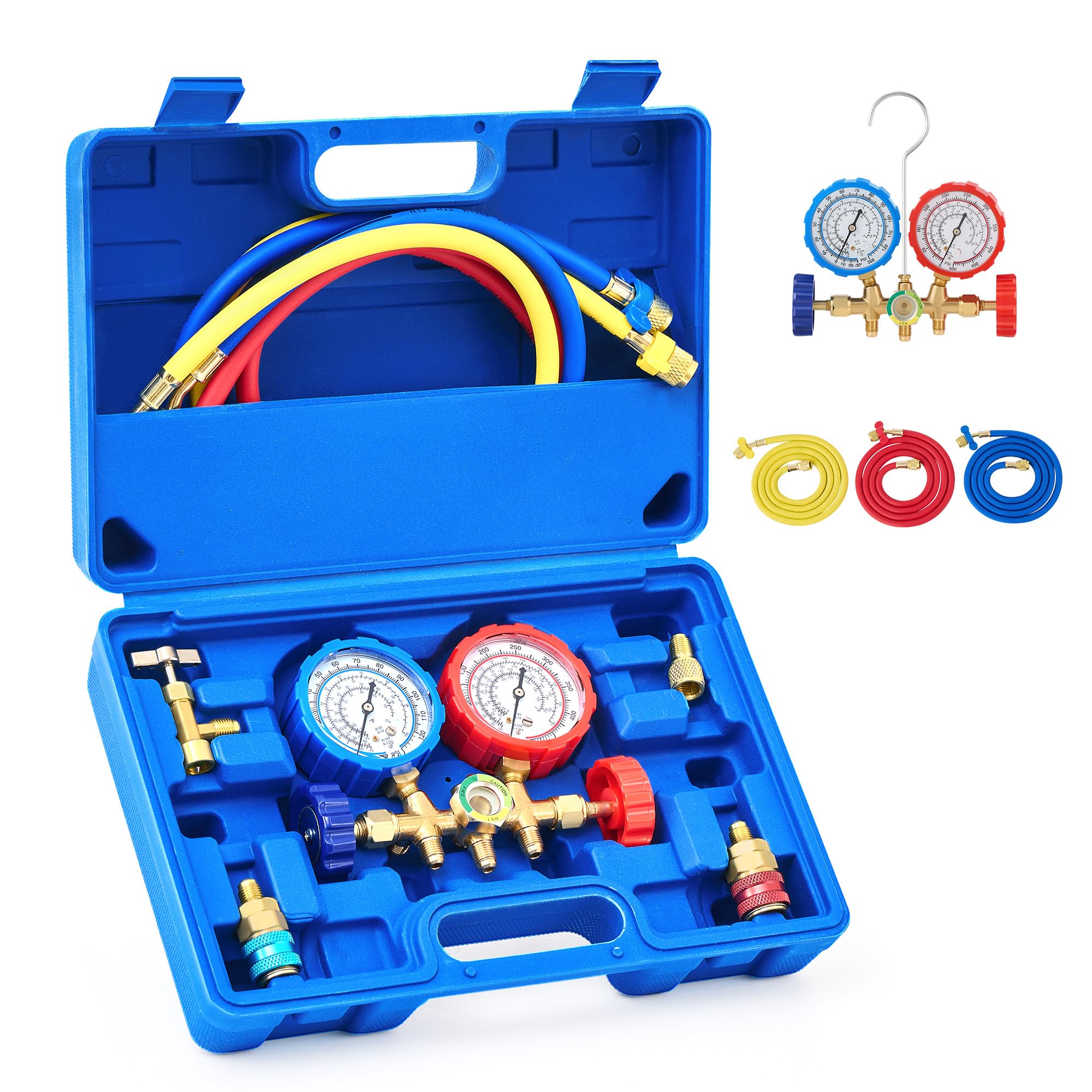 Photo 1 of Orion Motor Tech 3 Way AC Diagnostic Manifold Gauge Set for Freon Charging, Fits R134A R12 R22 and R502 Refrigerants, with 3FT Hose, Tank Adapters, Quick Couplers and Can Tap