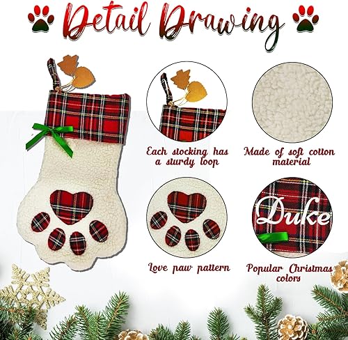 Miniatura 6 de Calcetines de Navidad personalizados para perros, patas de perro con nombre, sherpa sintético blanco con puño a cuadros rojos y detalles de hueso de