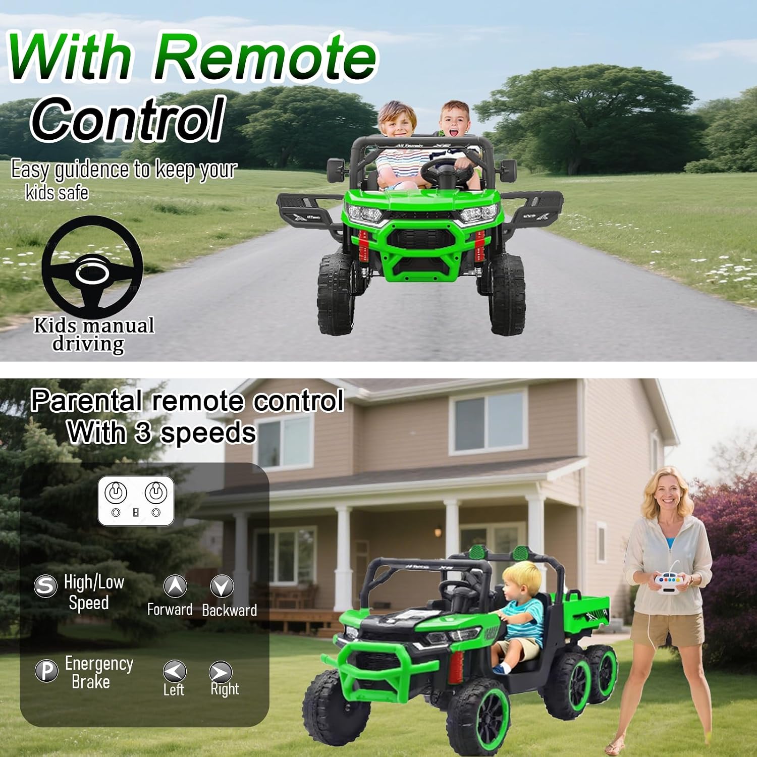 24V Side by Side 6 Wheel Ride On Dump Truck, 4WD Battery Powered Electric Car for Boys and Girls Outdoors with Remote Control, Bluetooth, Green
