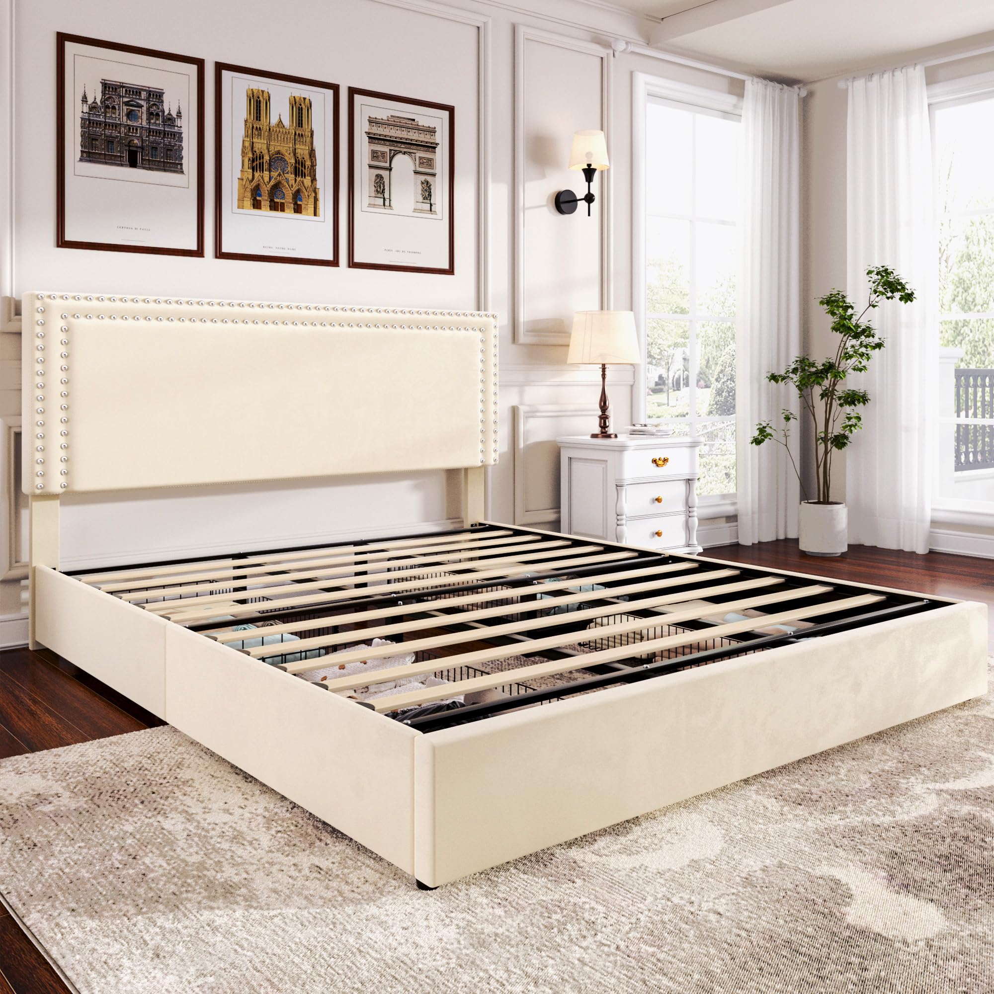 VECELO King Size Upholstered Platform Bed Frame with 4 Storage Drawers, Adjustable Velvet Rivet Headboard, Wooden Slats Support, No Box Spring Needed, Easy Assembly
