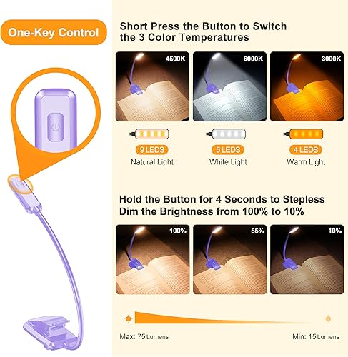 Vista 51 de Gritin Luz de libro recargable de 9 LED para leer en la cama, cuidado de los ojos, 3 temperaturas de color, brillo de atenuación continua, 80 horas