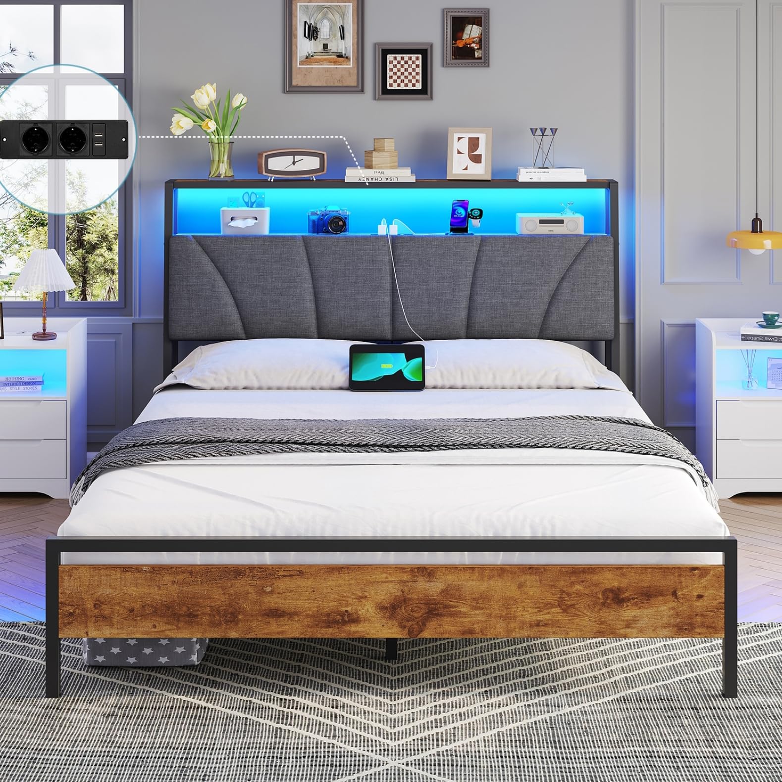 Brinlawb Letto Imbottito 120x200 cm, Struttura letto con Luce LED e Stazione di Ricarica (2 Prese CA 2 Porte USB) Struttura letto con piattaforma in metallo, Facile da montare, Moderno, Nero e Grigio