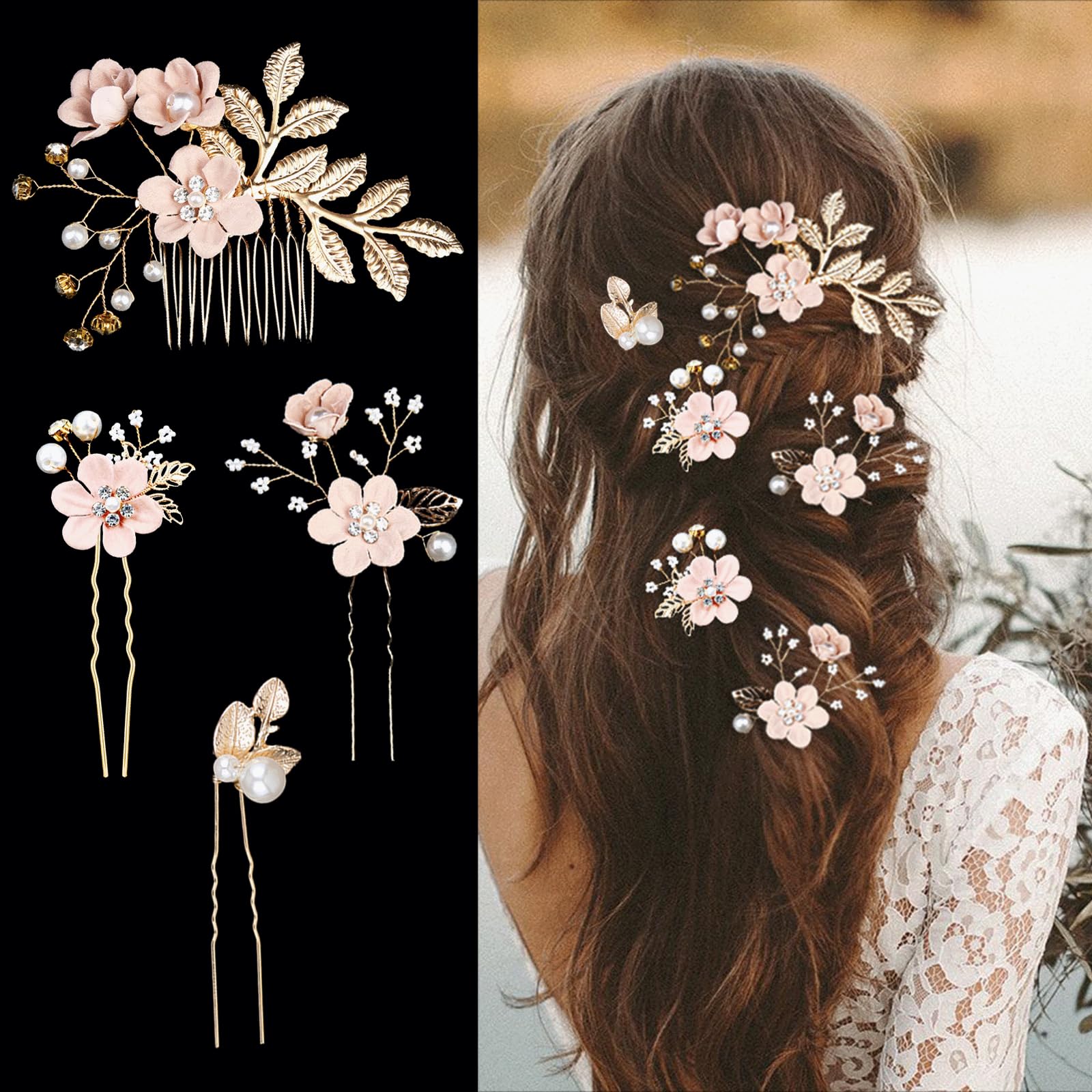 4 Crystal Flower Hair Side Combs Pins Bridal Wedding Hair Accessories Set Swarovski Crystals Pearl Light Blue flower Hair Comb main image 4