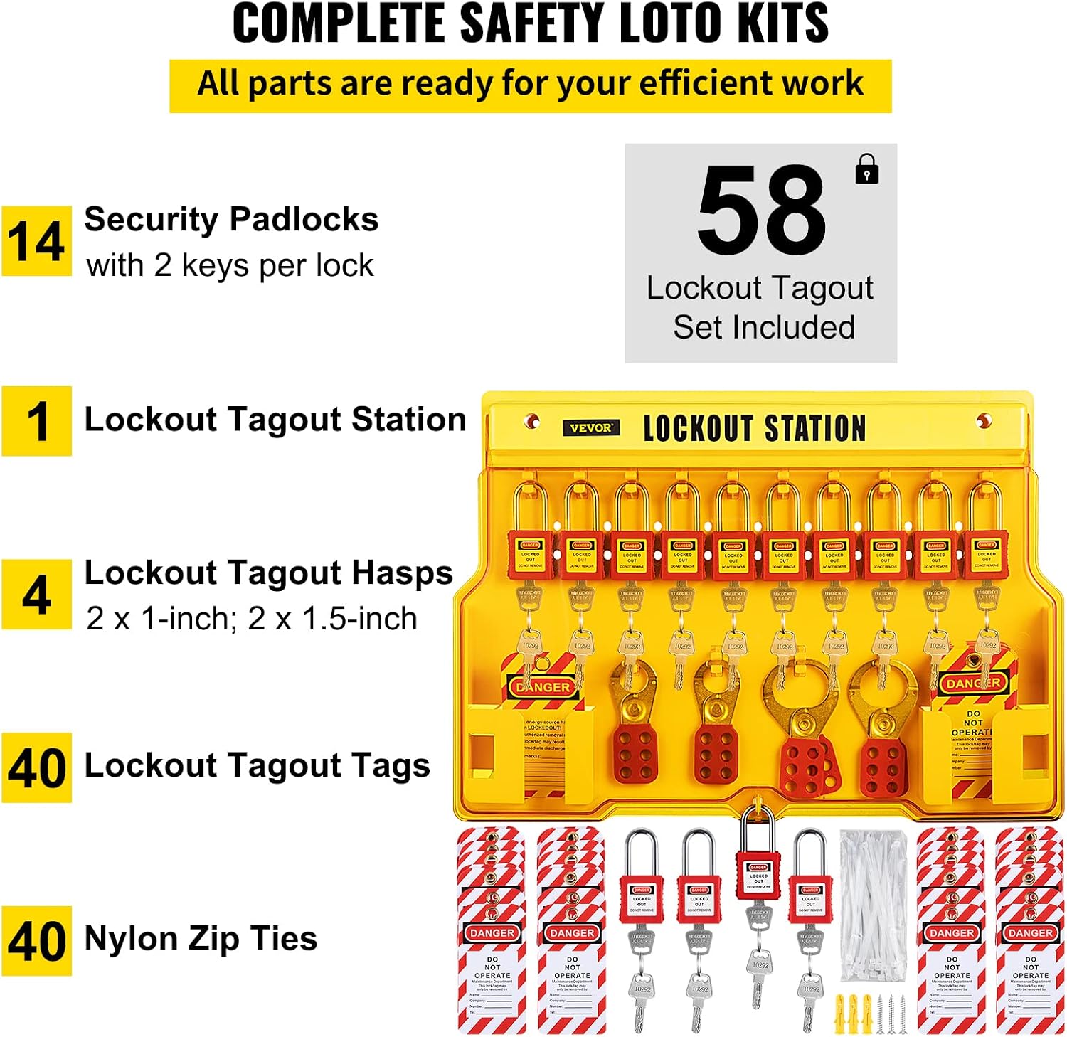 VEVOR 58 PCS Lockout Tagout Kits, Electrical Safety Loto Kit Includes Padlocks, Lockout Station, Hasp, Tags & Zip Ties, Lockout Tagout Safety Tools for Industrial, Electric Power, Machinery