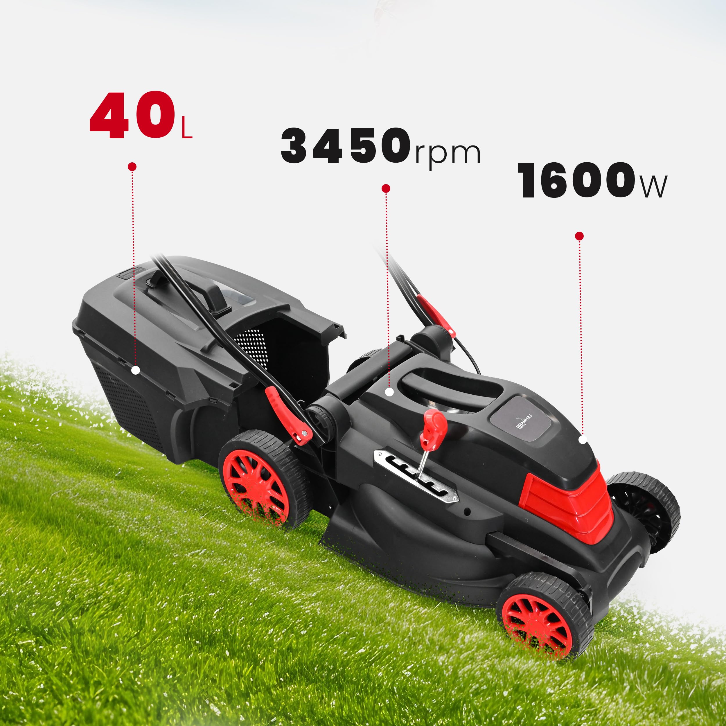 Lehmann Tondeuse à Gazon Électrique pour pelouses Jusqu’à 1000 m², 1600 W, Largeur de Coupe 38 cm, Bac de Ramassage 40 L, Réglage Hauteur de Coupe 5 Positions 25 à 75 mm, 3450 TR/Min