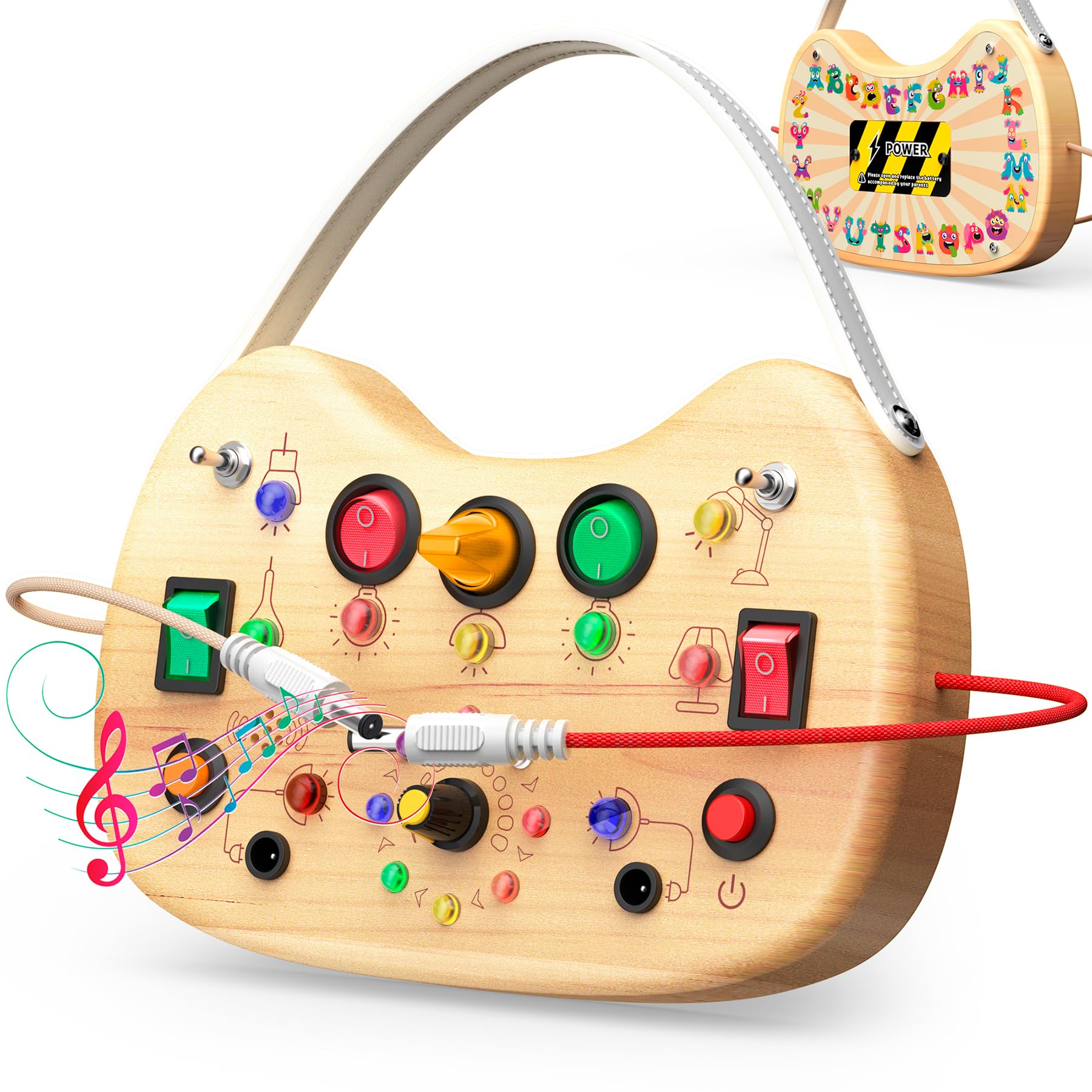 UdoUto Toddler Busy Board with LED Light Up Switch, Wooden Montessori Busy Board for Todder 1-3, Travel Toys for Autistic Kids, Gift for 1 2 3 Year