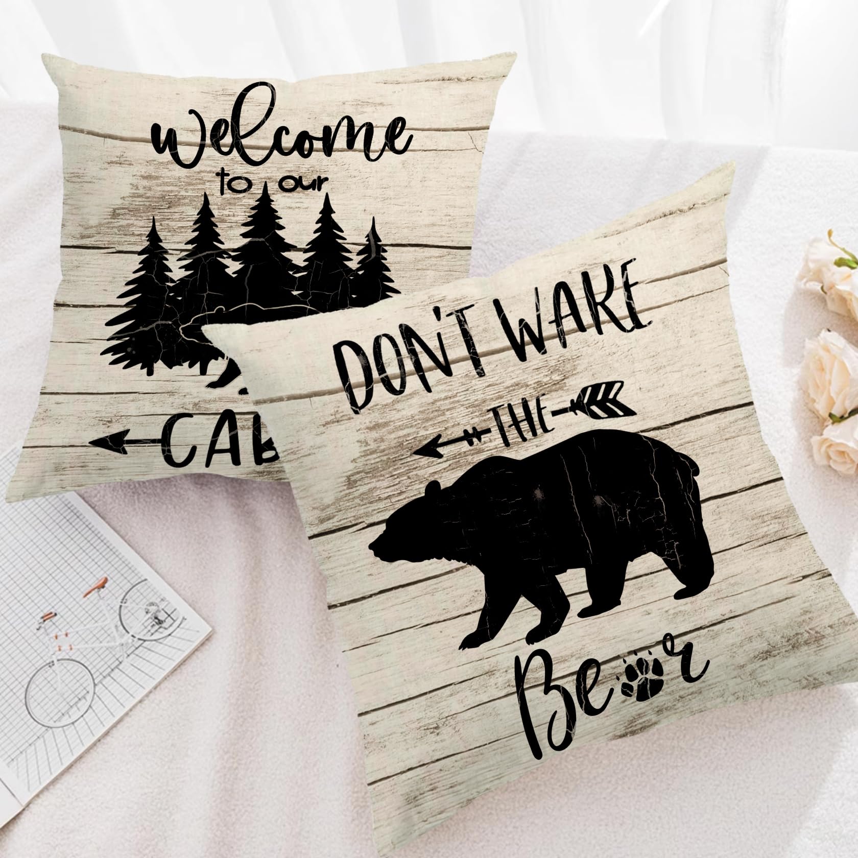 7COLORROOM 2Pack Bear Throw Pillow Cover Double-Sided Printed Don’t Wake The Bear Black Bear Wood Grain Background Cushion Covers Welcome to Our Cabin/Camper Decorative Pillowcases 18" x 18" 4