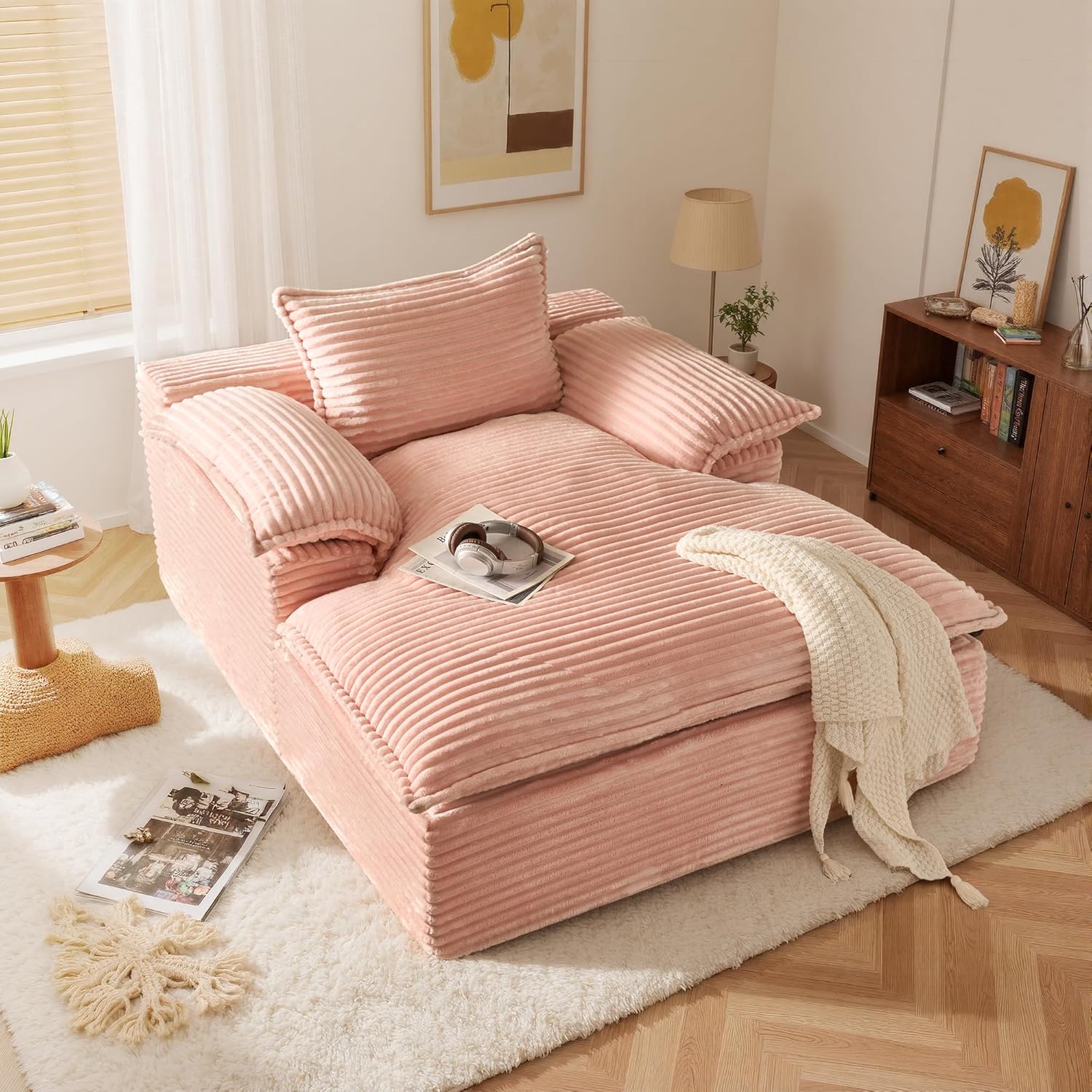 Chaise Lounge Chair Indoor, Oversized Sleeping Couch 67"L *53"W Assembly Free Modern Minimalist Sofa With Comfy Curved Armrest, Extra Deep Large Single Sofa for Living Room(Pink Plush Fabric)