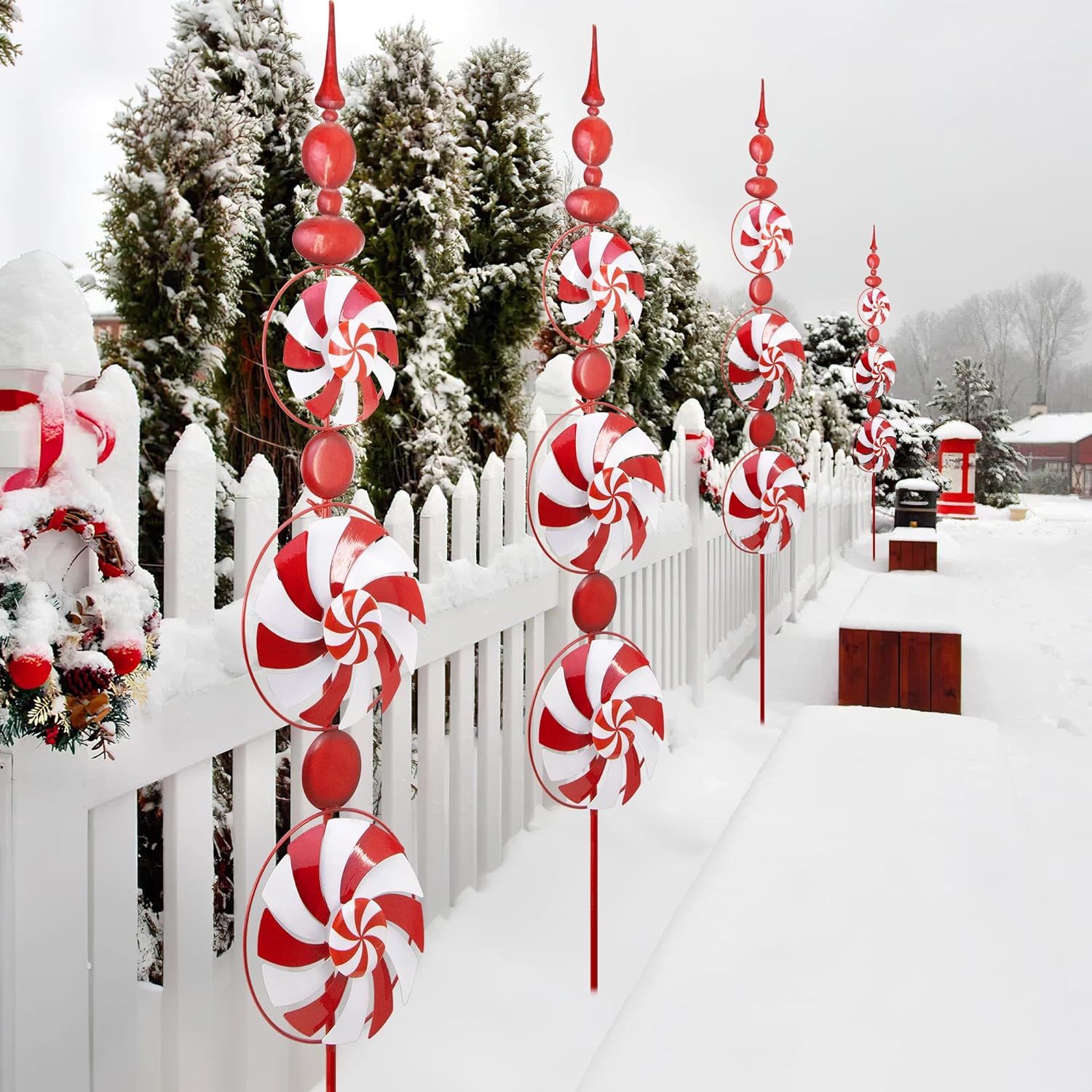 Red Candy Wind Spinner Christmas Outdoor Decorations,52 Inch Metal Wind Spinner Outdoor Decoration for Yard Art and Garden Lawn Ornaments，Outdoor Halloween Decorations Yard and Lawn Ornaments