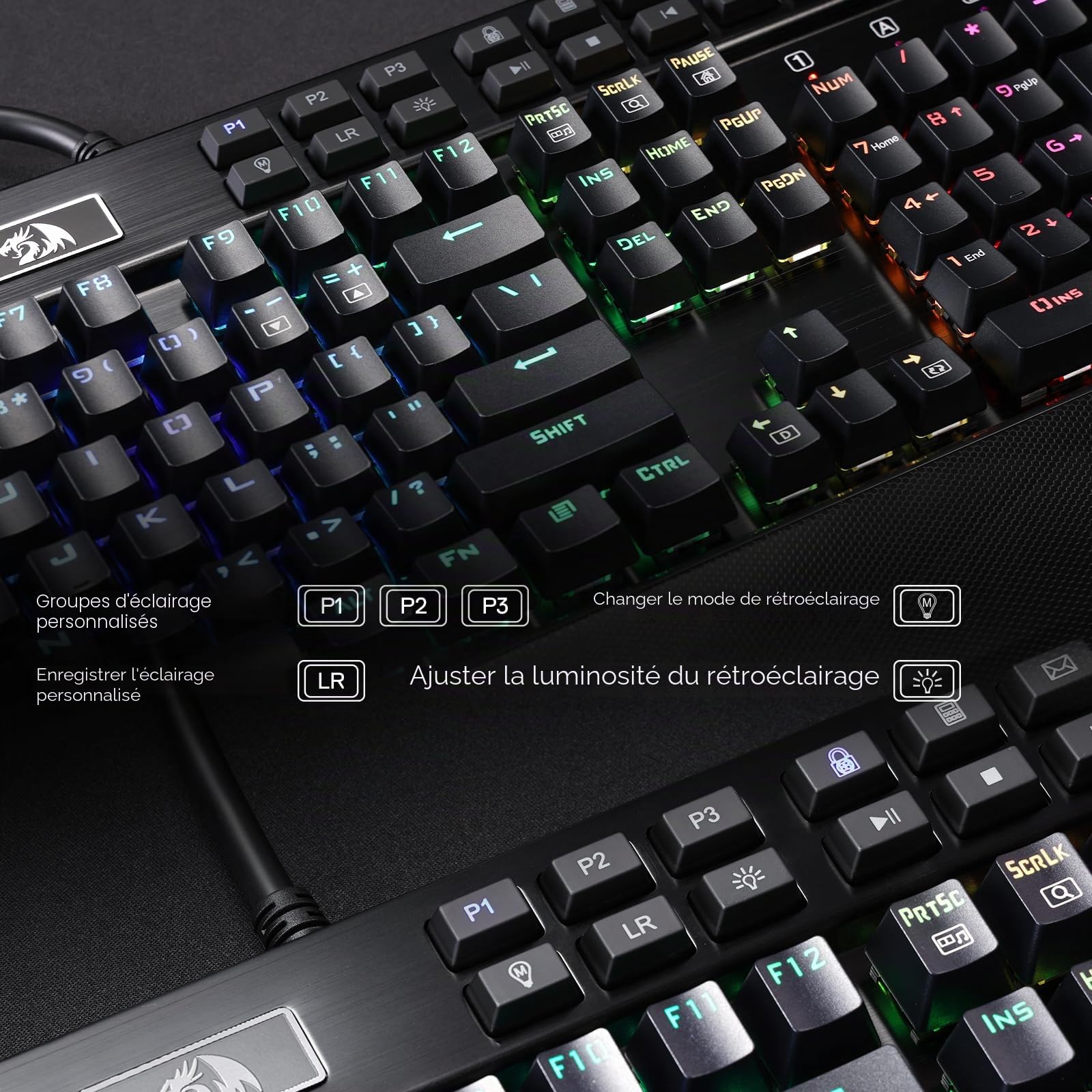 Redragon Clavier de jeu K550 RVB, 104 touches + 12 macro G, clavier mécanique filaire, interrupteur violet cliqué, port USB supplémentaire, repose-poignet