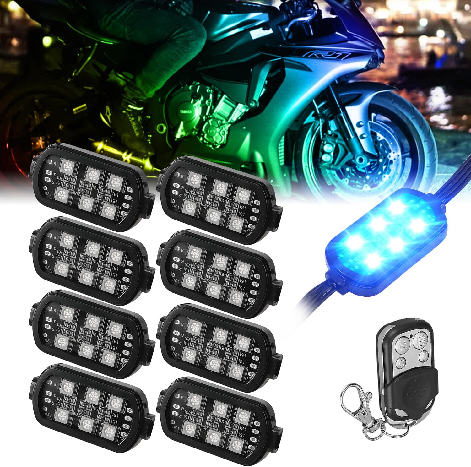 SUNPIE Motorcycle RGB Lights LED Strip Underglow Kit Universal Neon Light w/Remote Brake Compatible with Harley Kawasaki All Motorcycle Golf with DC 12V, 8 Pieces(Not Bluetooth)