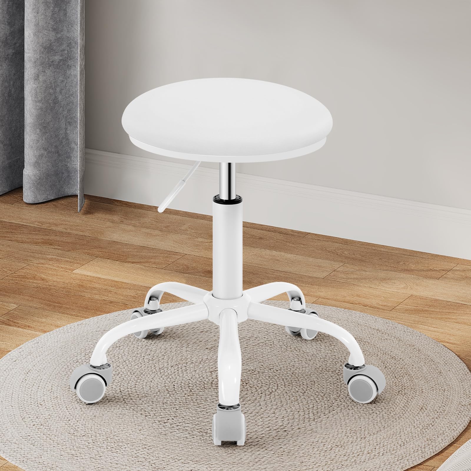 EUGAD Silla de Oficina con Ruedas, Taburete Giratorio 360° y Ajustable en Altura, Silla Redonda para Tocador, Estudio o Dormitorio, Aiento Regulable en 45,5-57,5 cm, PU, Blanco, 0180BGY