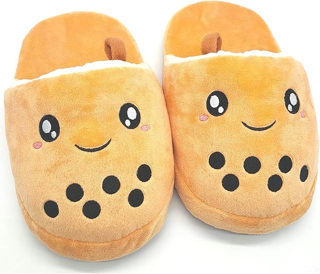 Glopastel Boba Slippers | Cute Anime Kawaii Bubble Tea Fuzzy Slip-On House Shoes | One Size Adults Women Men (Beige)