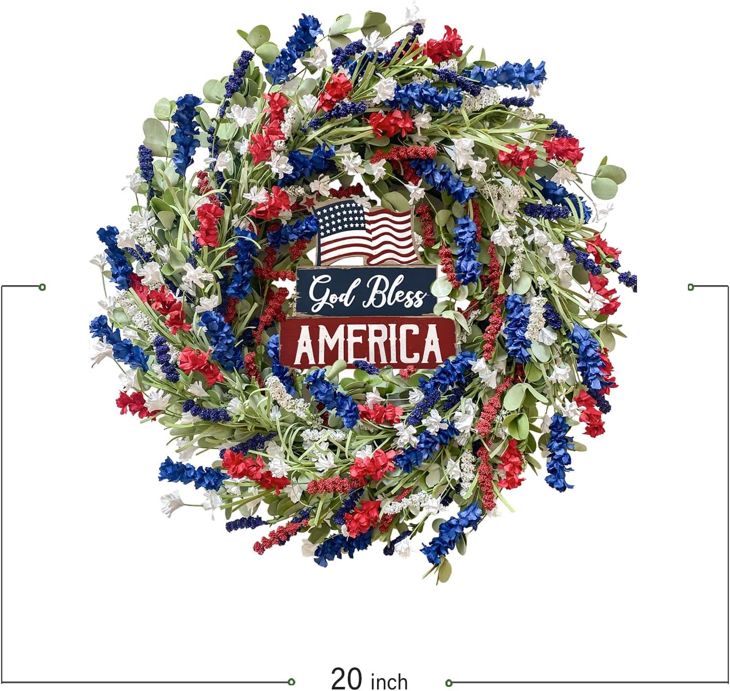 Bibelot 4th of July Independence Day Red White Blue Flower Wreaths, 20" Artificial Flower Wreath with God Bless America Sign Decoration for Front Door, Memorial Day Wreath for Wall Window Party Decor