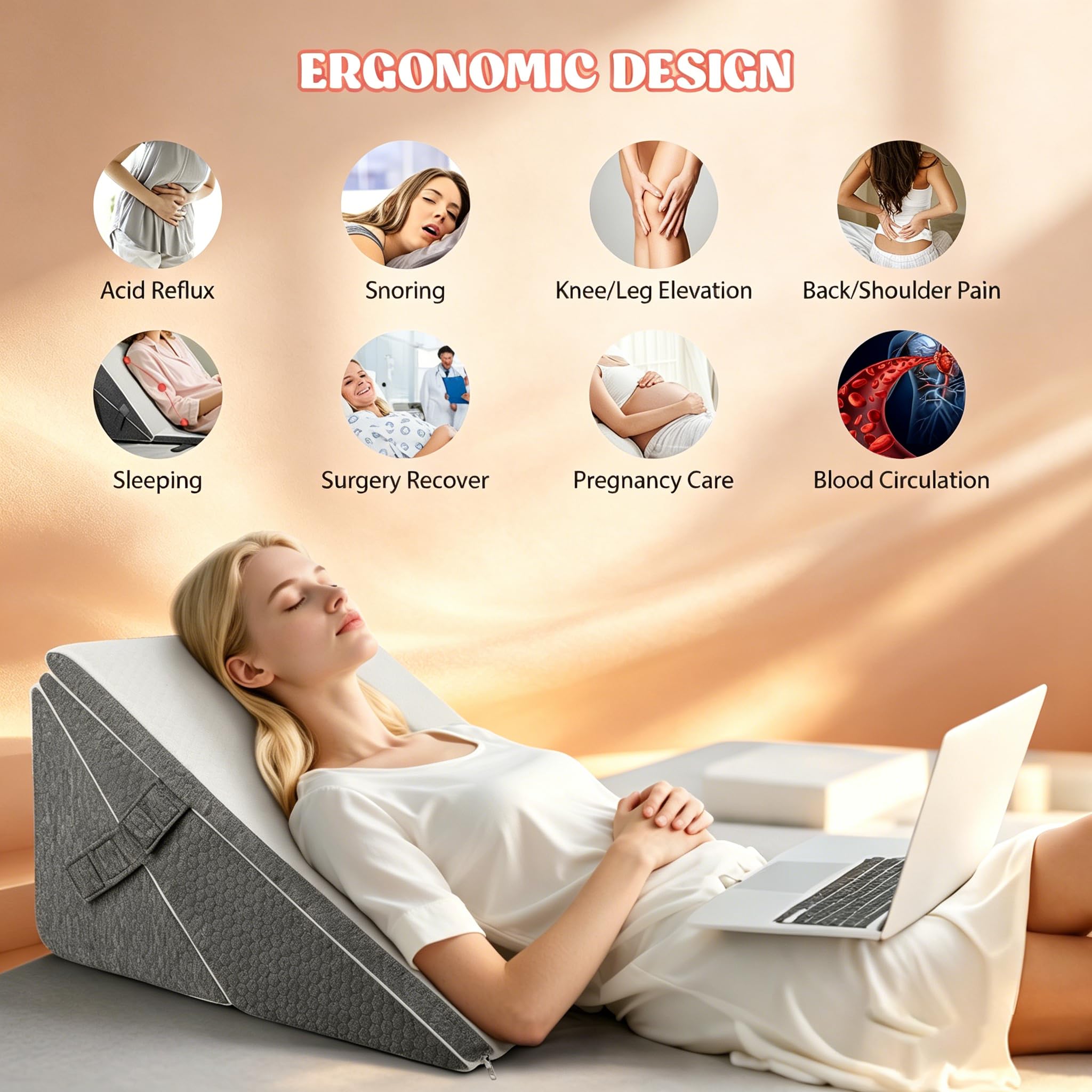 Cojín ajustable en cuña, 3 unidades, espuma de alta densidad para cama y sofá, cuña ergonómica para apnea del sueño por reflujo, almohada para piernas, cojín de espalda para leer, jugar o ver
