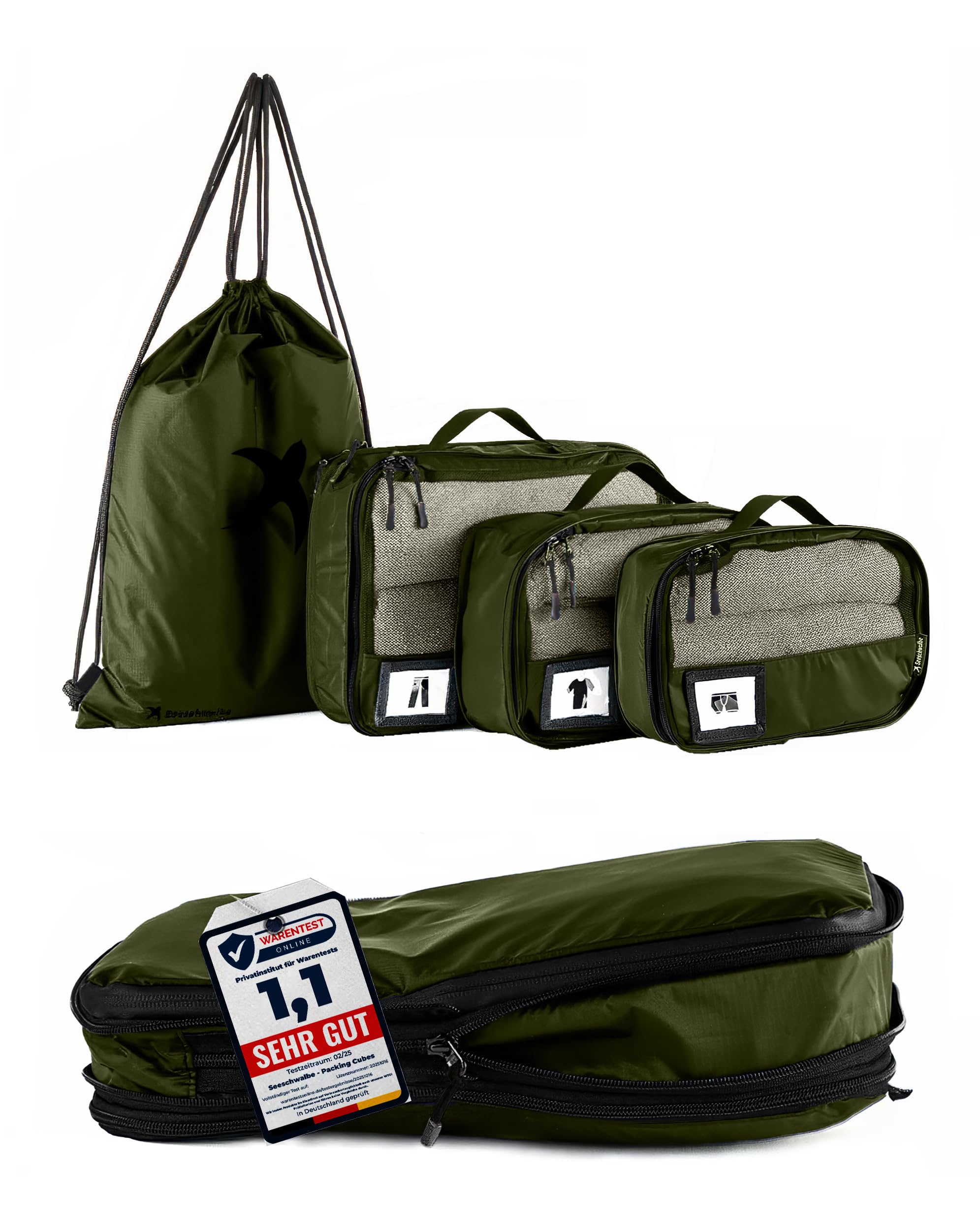 SEESCHWALBE Packing Cubes Compression | Packwürfel | Packtaschen Set für Rucksack & Koffer | Extra leichte Kleidertaschen (4-teilig, olivgrün)