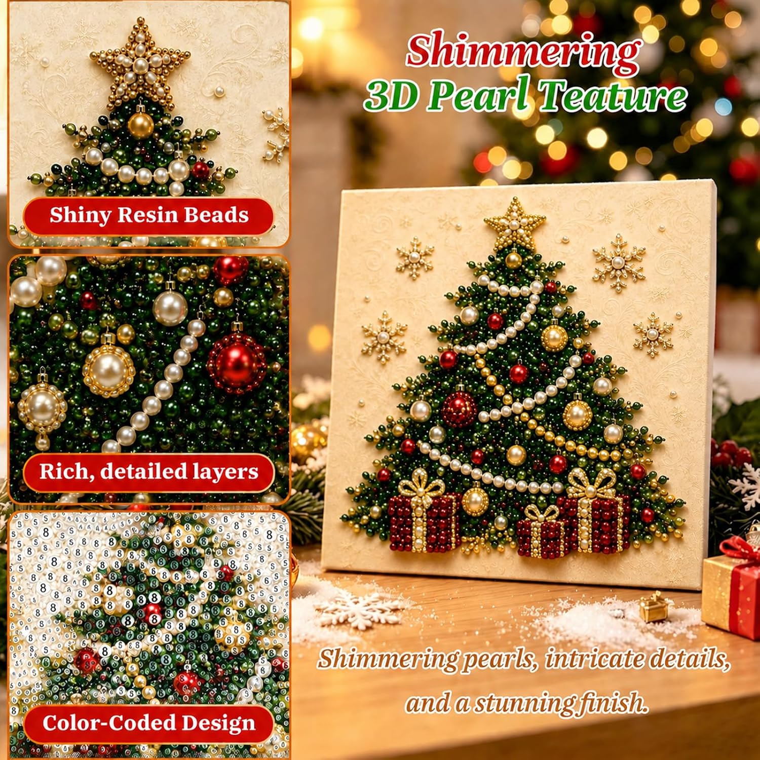 DIY Christmas Pearl Diamond Art Kit Painting with Frame - Home Wall Decor Art Craft Kit, Christmas Pearl Beads Art Craft for Beginners, Diamond Dots Beads Painting for Home Wall Decor (7.87*7.87)