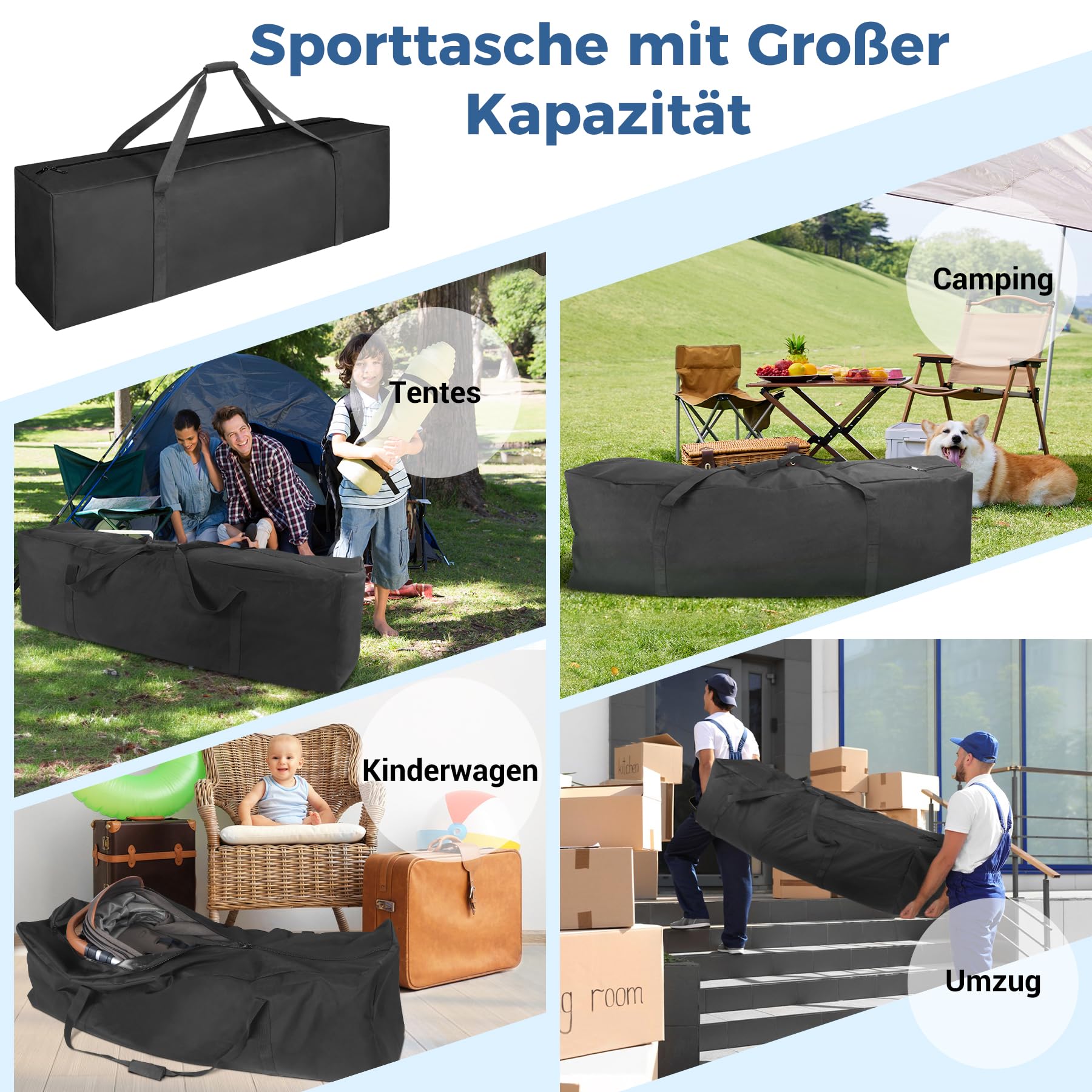INFANZIA Sac de sport, sac de voyage extra large avec fermeture éclair améliorée, Noir , 270L (165x40x40cm), Sac de sport extra large