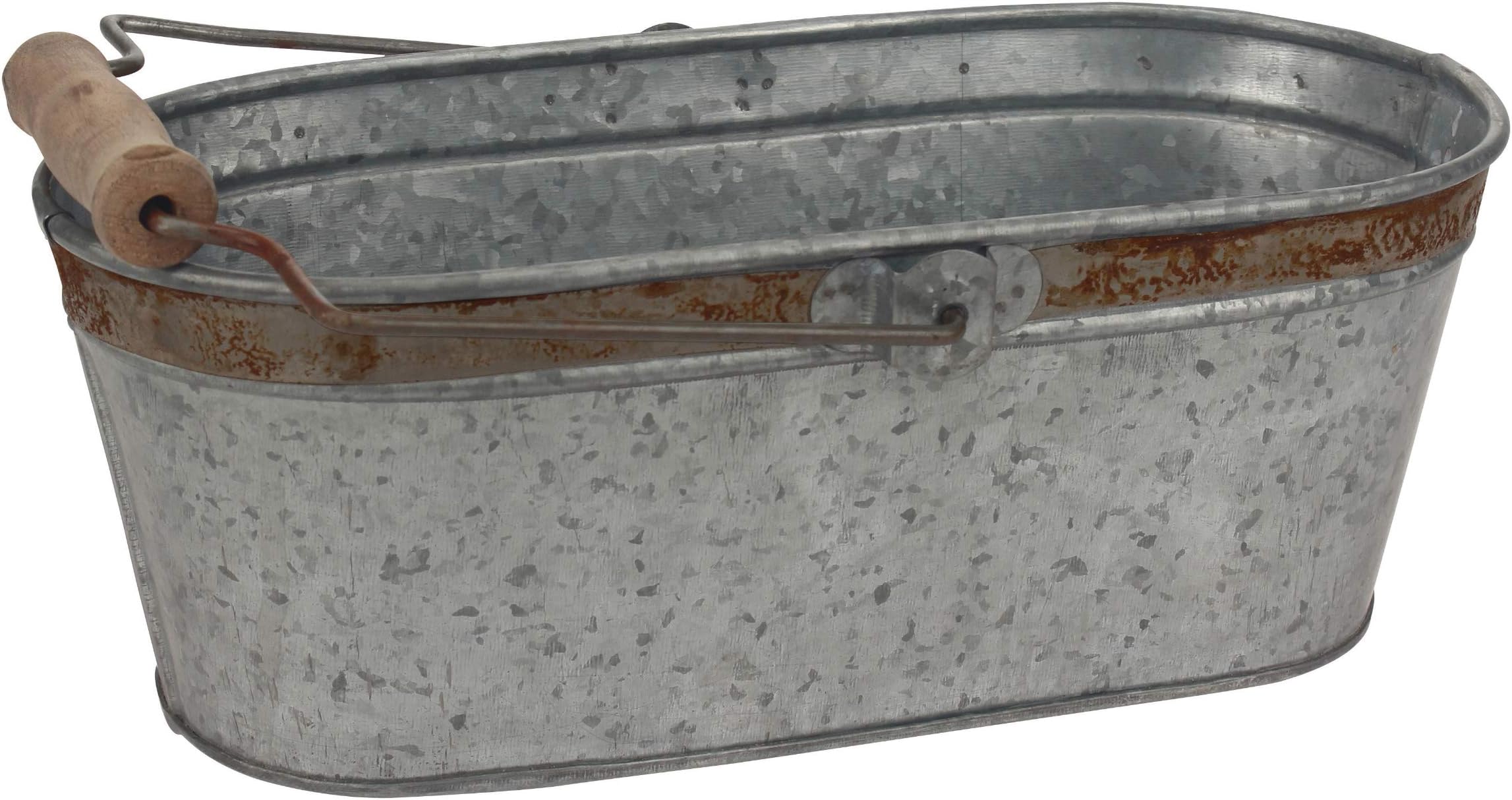 Stonebriar Small Aged Galvanized Metal Oval Bucket with Rust Trim and Wooden Handle, Country Rustic Home Decor, for Centerpiece, Office Organization, Bathroom Storage, or Party Decorations