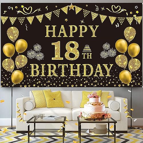 Miniatura 4 de Cartel de fondo de feliz cumpleaños 18 para decoración de cumpleaños de 18 años, póster negro y dorado para fiesta de cumpleaños de niños y hombres