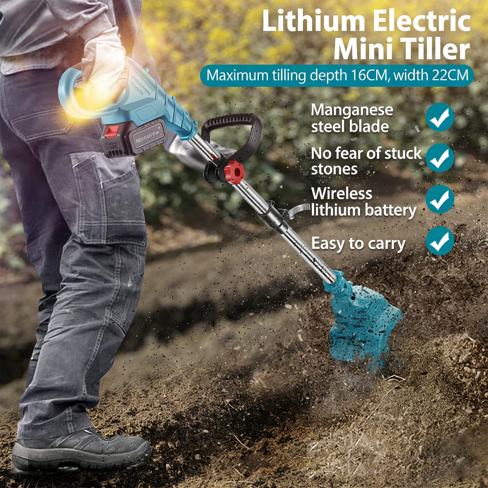 Motoazada Eléctrica Inalámbrica 20v Ampliable con 2 Baterías De 4,0ah, Ancho De 30cm Y Profundidad De 22cm, 4 Cuchillas De Acero, 270 RPM, para Huertos Y Jardines