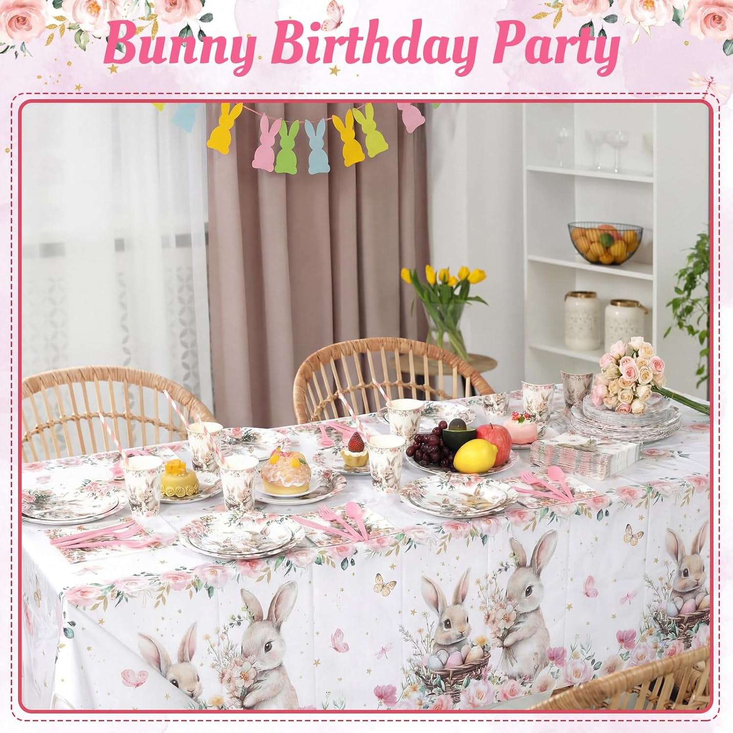452 Pcs Easter Bunny Party Supplies for 50 Guests, Pink Floral Easter Rabbit Paper Plates and Napkins Cups Cutlery Disposable Tableware Set for Baby Shower Wedding Birthday Decorations