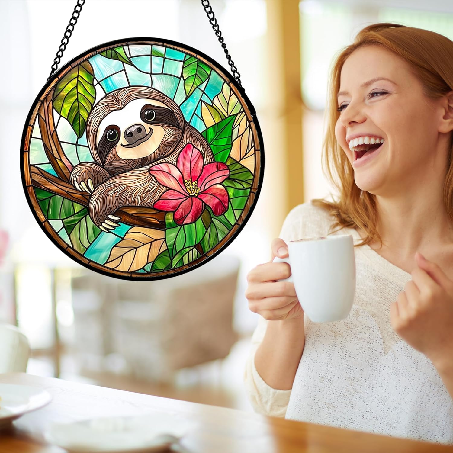 DASTOLL Stained Glass Window Hanging, Cute Brown Otter Red Flowers Suncatcher for Doors Window Home Sun Catchers Decoration Mother's Day Birthday Gifts for Women, Men, and Mom 11.8x11.8 in