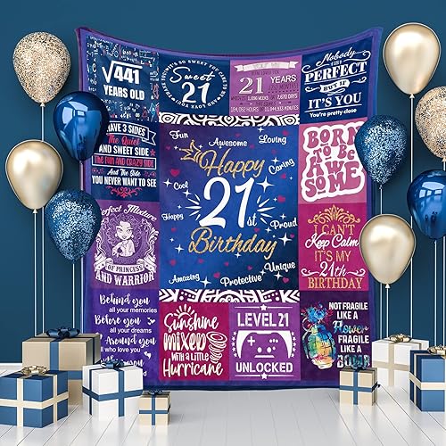 Miniatura 3 de Regalos de cumpleaños número 21 para mujeres con caja de regalo, manta de decoración de cumpleaños 21 de 60 x 50 pulgadas, ideas de regalo de
