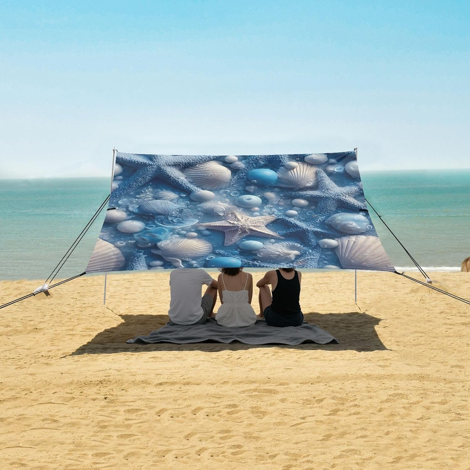 ALAZA Blue Starfish Pearl Beach Beach Tent Sun Shelter UPF50+ Protection Beach Shade Canopy w/ 4 Sandbags for Outdoor Camping, Fishing, Backyard Fun, Picnic, 10x9 ft