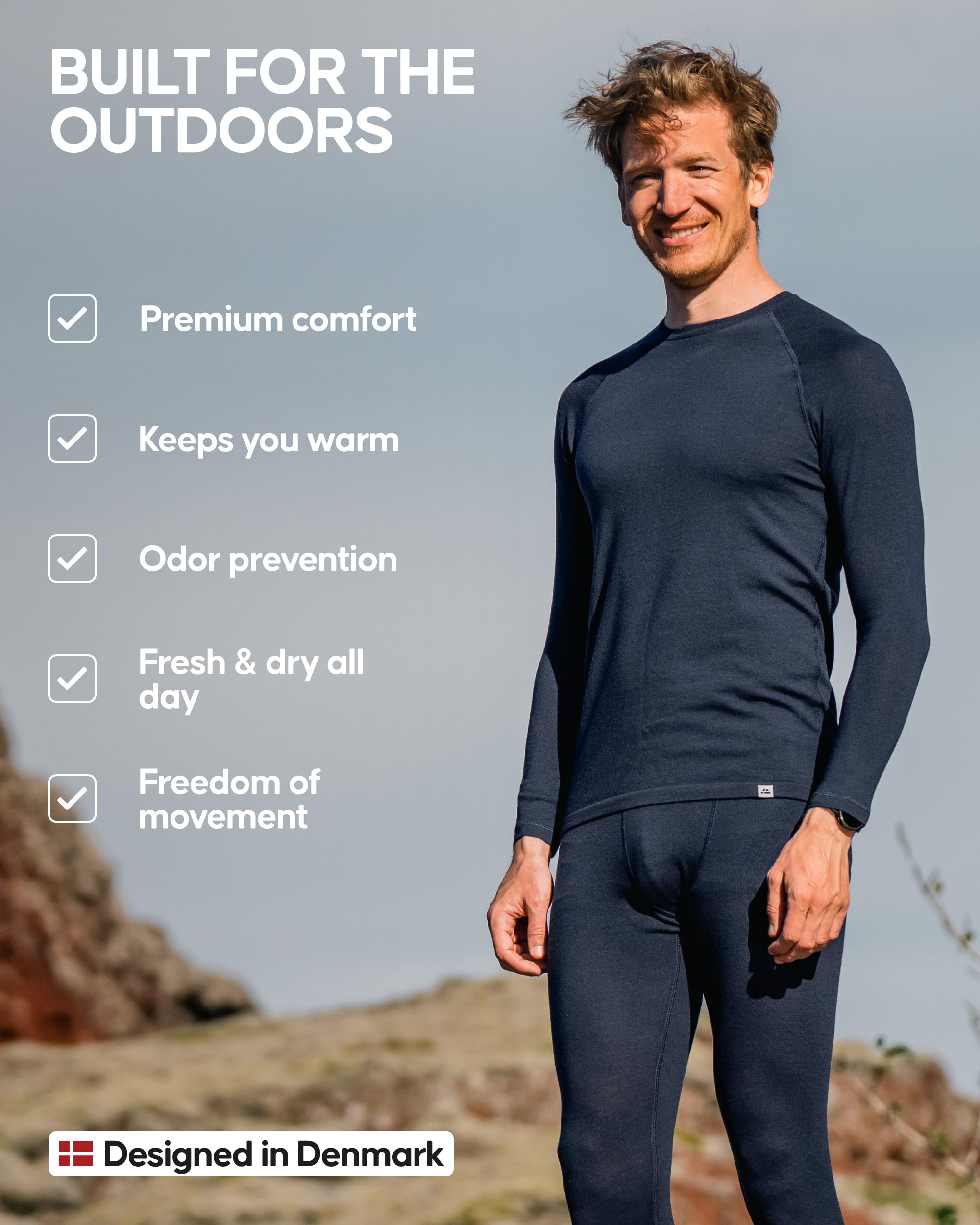 DANISH ENDURANCE Intimo Termico Uomo Lana Merino, Maglia Termica Uomo e Pantaloni Termici, Calzamaglia Termica Uomo Invernale per Sci, Trekking