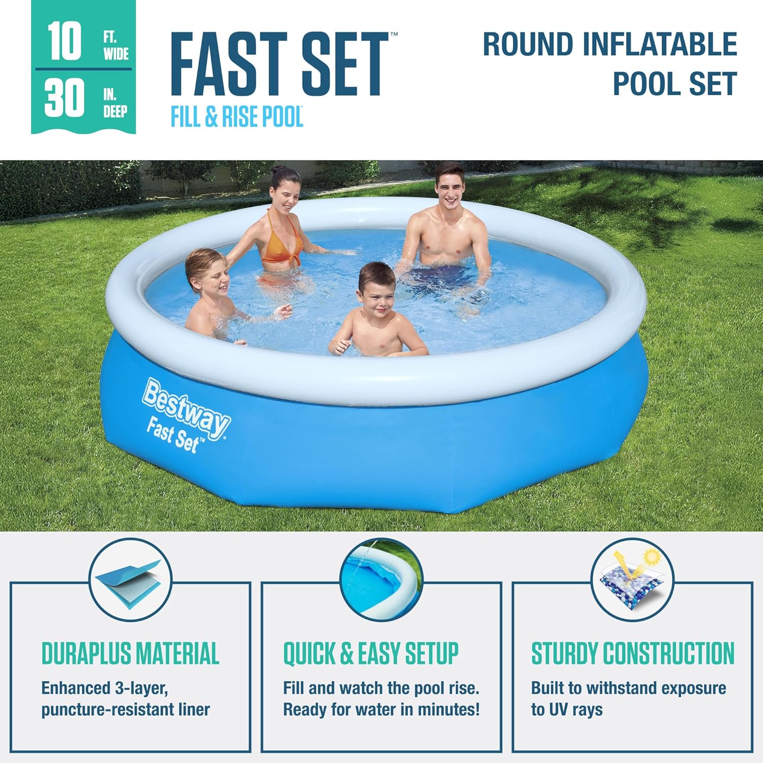 Bestway 57269E Fast Set Up 10ft x 30in Outdoor Round Inflatable Above Ground Swimming Pool Set with 330 GPH Filter Pump, Blue 10ft. X 30in. Blue