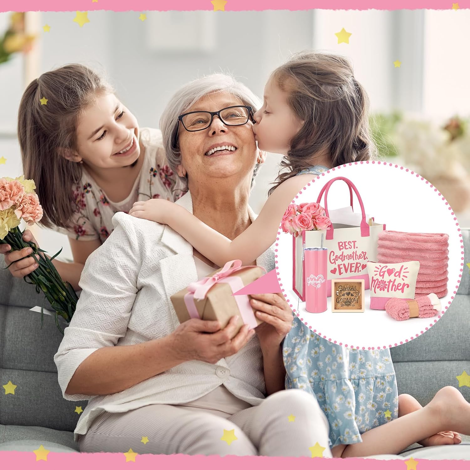 Geiserailie 6 Pcs Godmother Proposal Gift Set Stainless Steel Tumbler with Straw Godmom Bag Makeup Bag Blanket Bracelet Socks Will You Be My Godmother Proposal Gift for Mother's Day Birthday(Pink) - Image 5