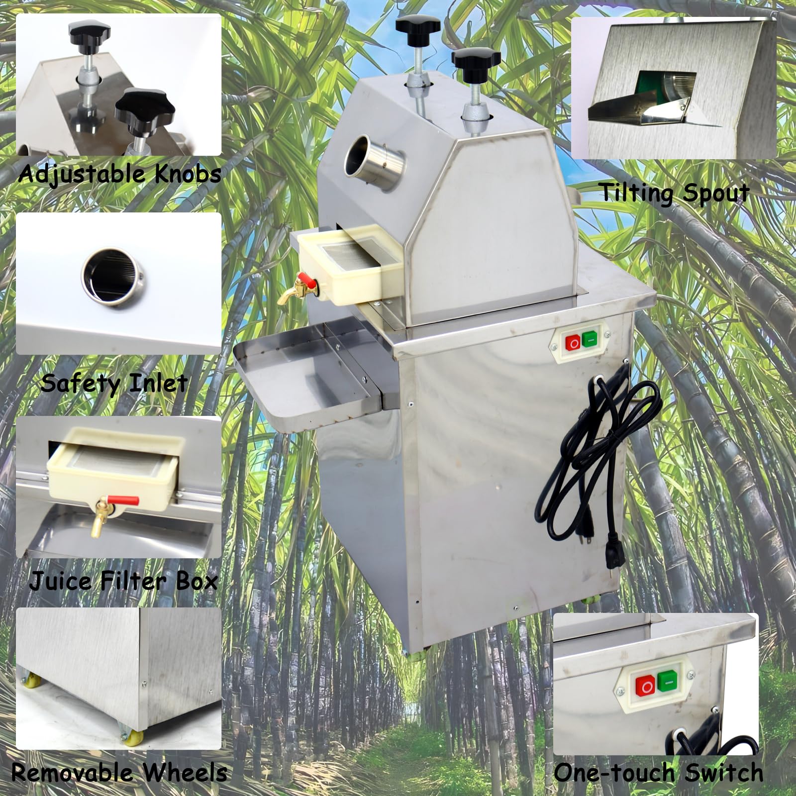 Prensa eléctrica de caña de azúcar de 110 V 1.1 KW, 3 rollos verticales de caña de azúcar, exprimidor de jengibre, exprimidor de caña de azúcar de acero inoxidable, extractor con perilla 4