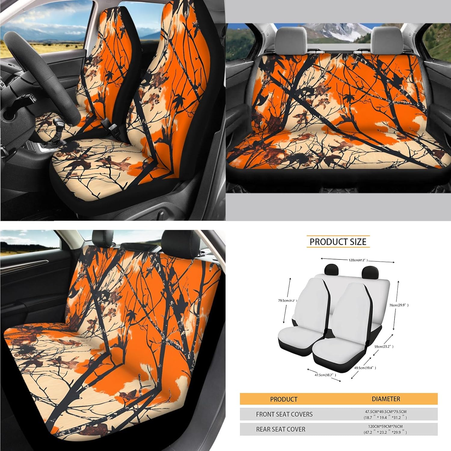 CLOHOMIN Camo Hunting Car Seat Covers Full Set of 14 Orange Wood Steering Wheel Cover Seat Belt Pad Cover Waste Bin Rear View Mirror Cover Coasters Armrest Cover Handbrake Cover Set Car Decor