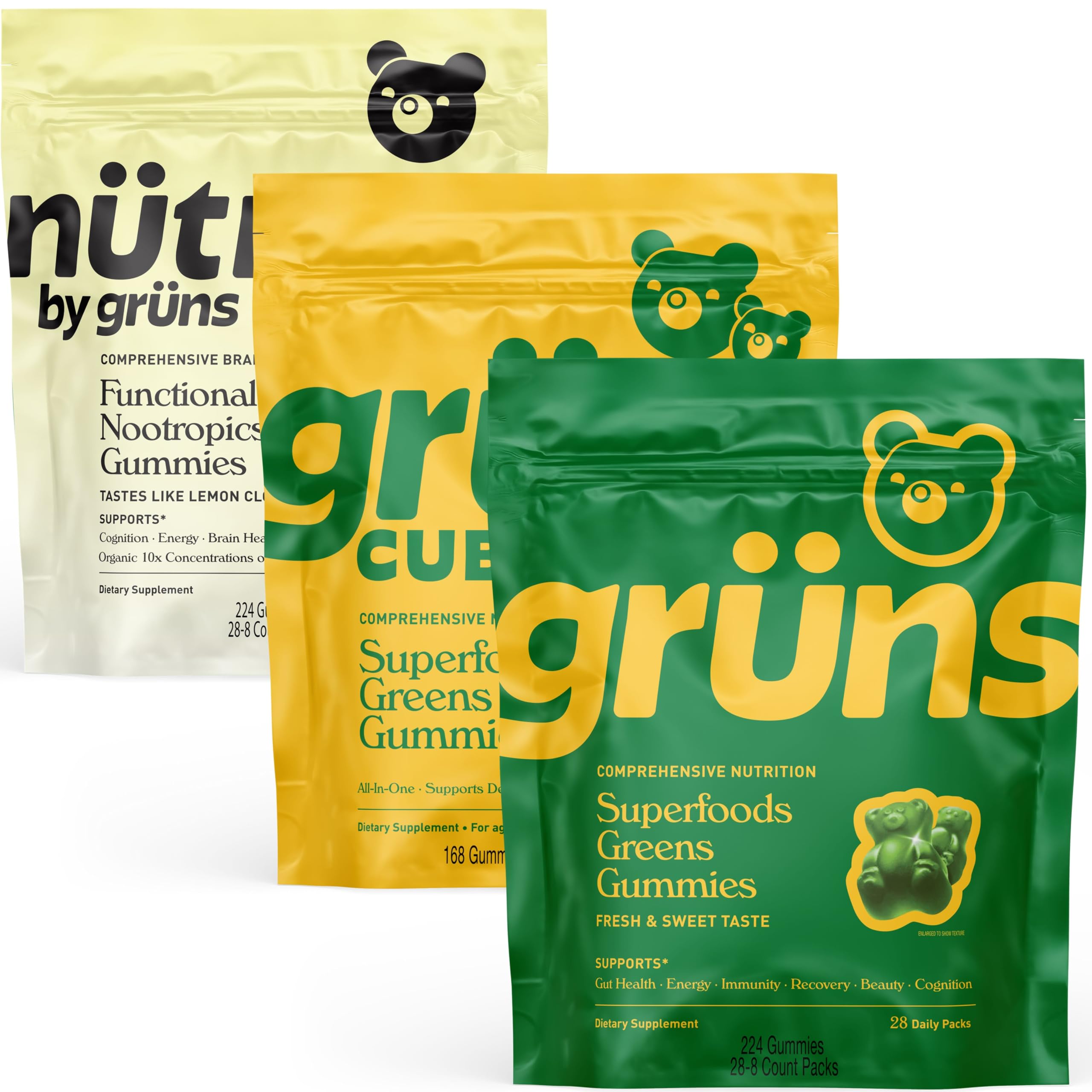 Gruns Complete Nutrition Variety Pack Bundle for Less 28 Count Packs of Adult Super Green Vitamins Kids Superfood