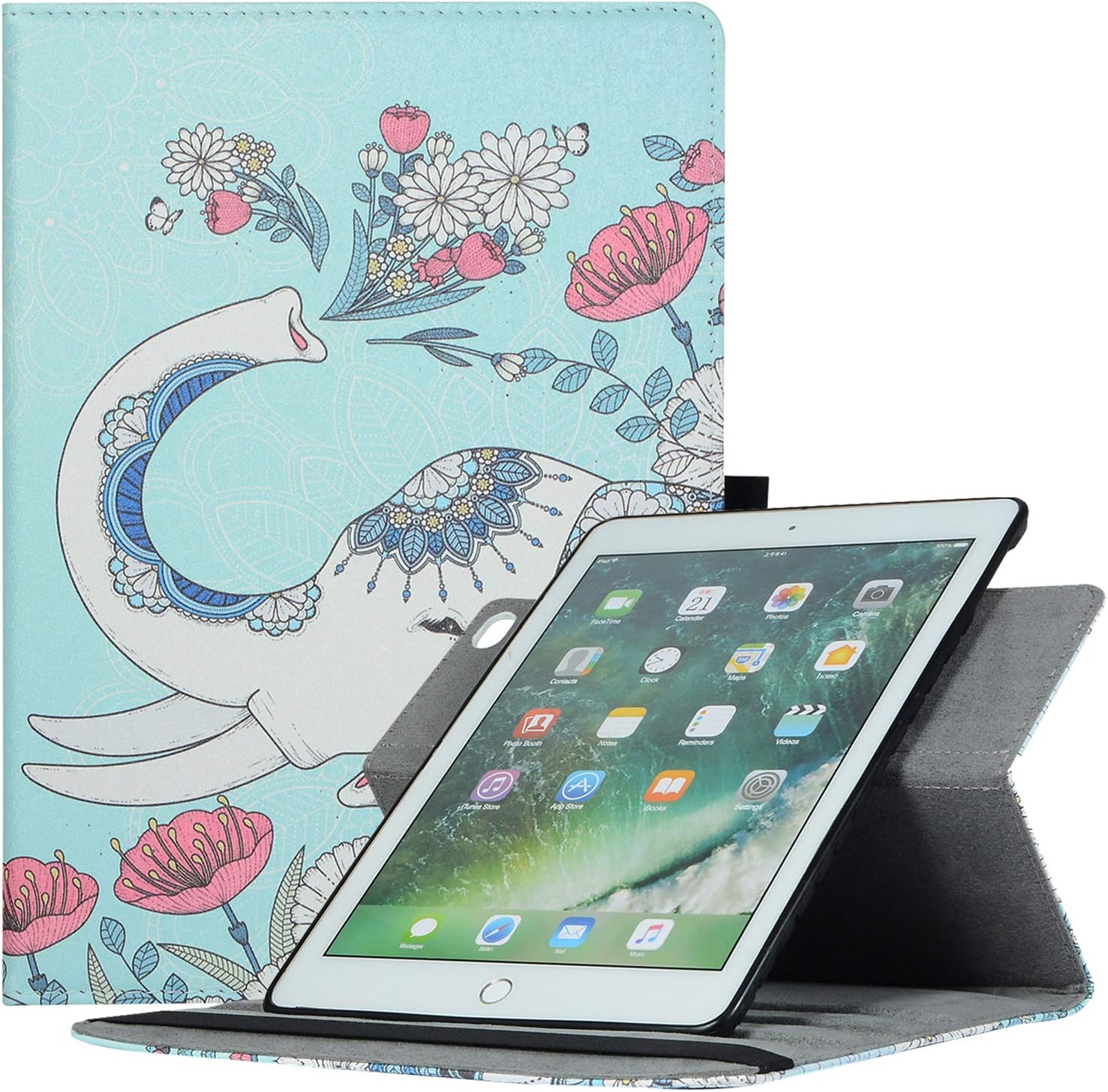 iPad 9.7 2018/2017 Case,iPad Air Case,AiSMei Rotating Stand Case with TPU Back Cover,[Corner Protection] Pencil Holder,Auto Wake/Sleep,Elephant