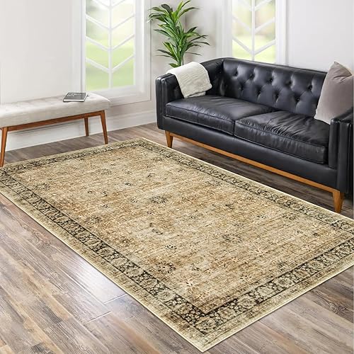 Morebes Alfombra lavable de color beige de 5 x 7 pies, estilo bohemio, alfombra vintage para dormitorio, tapete de cocina floral envejecido,