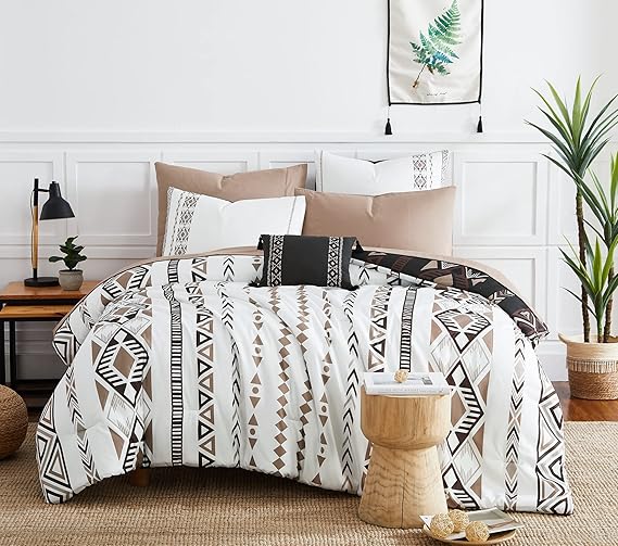 Geniospin Queen Comforter Set - 7 Pieces Reversible Bedding Set, Boho Bed in A Bag, Lightweight Soft Aztec Bedding, All Season Bed Comforter Set with Sheets, Pillowcases & Shams
