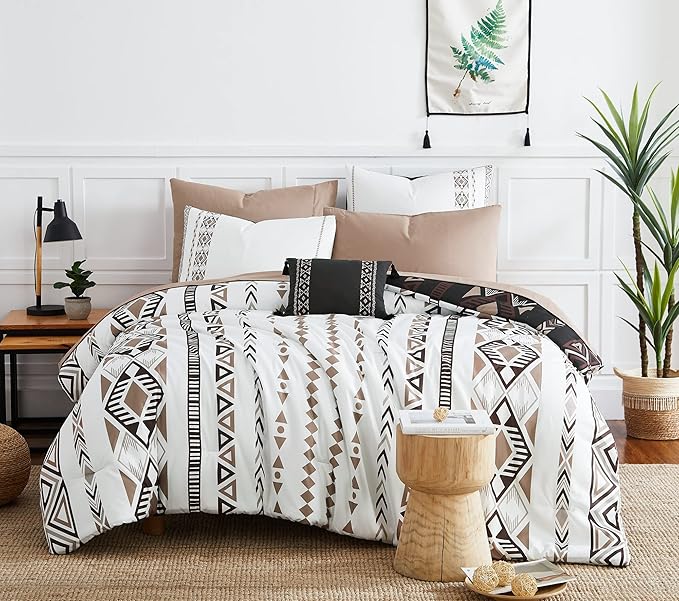 Geniospin Queen Comforter Set - 7 Pieces Reversible Bedding Set, Boho Bed in A Bag, Lightweight Soft Aztec Bedding, All Season Bed Comforter Set with Sheets, Pillowcases & Shams