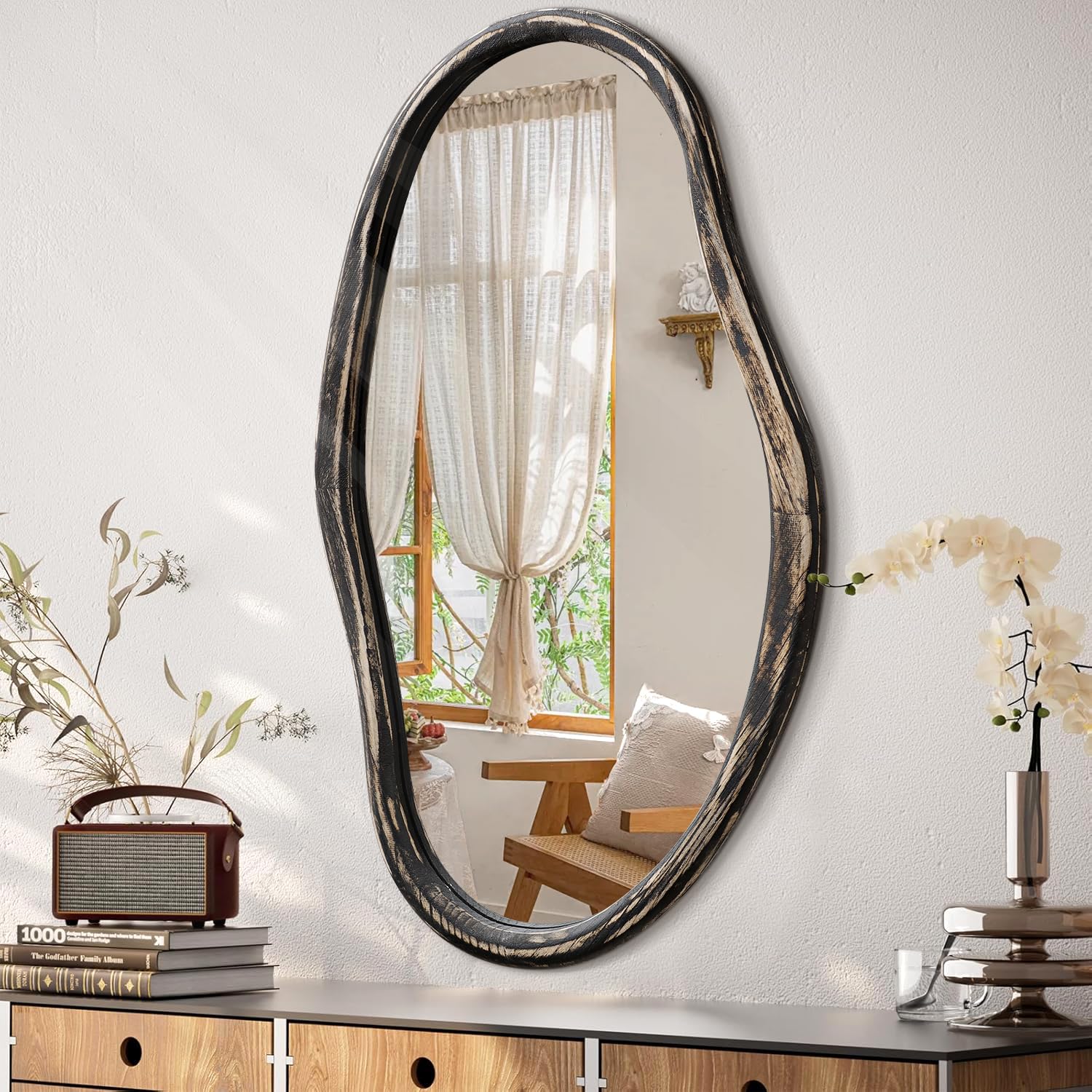 JJUUYOU Asymmetrical Wall Mirror Irregular Mirrors for Wall Modern Wood Frame Vanity Hanging Mirror Dressing Mirrors Decor for Living Room Bathroom Bedroom Entryway Large 75x45cm Rustic Black