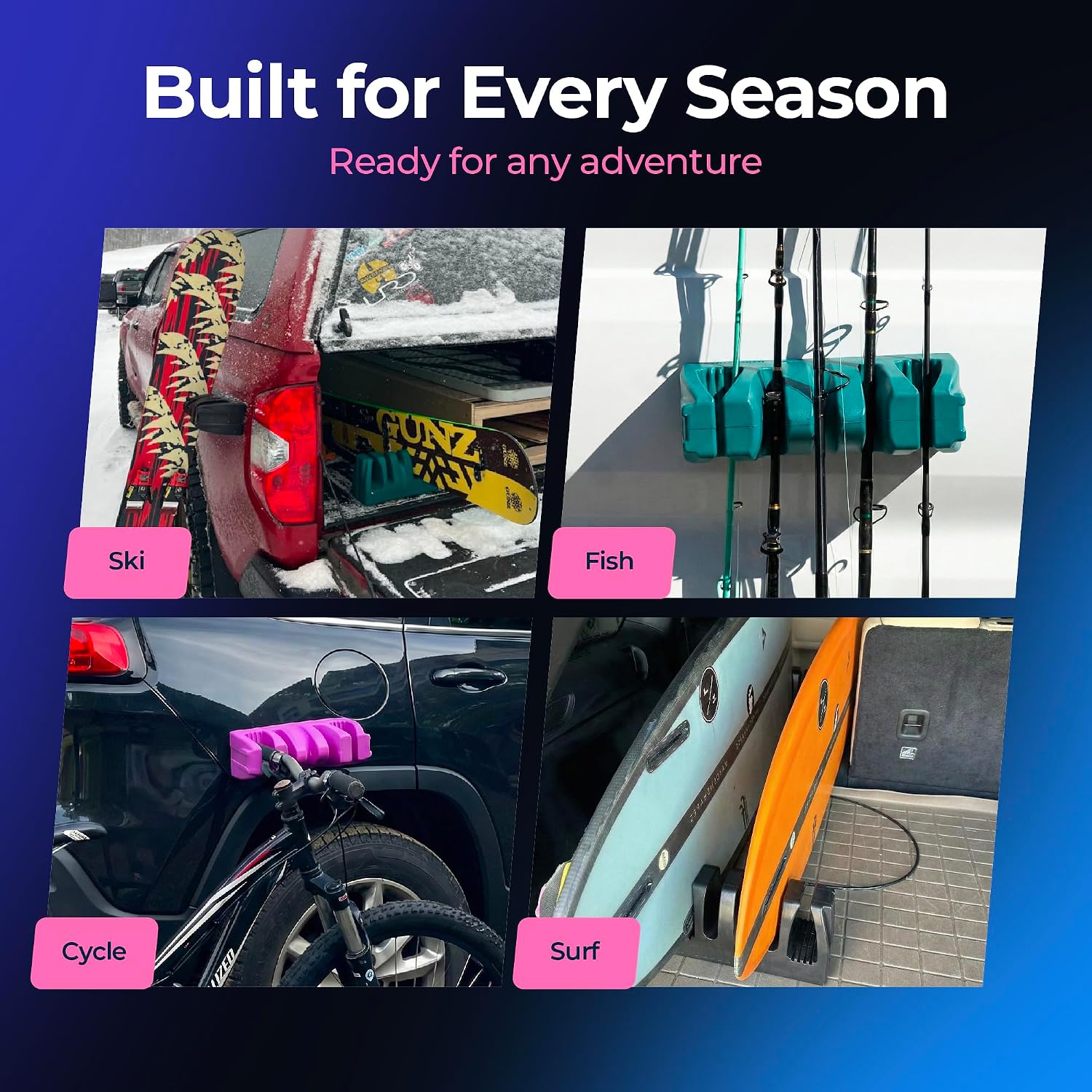 Magnetic Ski & Gear Mount – Portable Holder for Skis, Snowboards, Fishing Rods & Bikes | Vehicle, Garage & Cargo Organizer | Made in USA | Magenta image 5