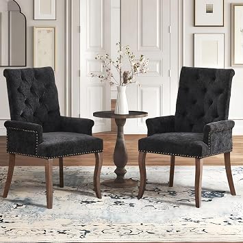 SoarFlash Chenille Dining Chairs Set of 2, Tall Back Side Chair,Modern Upholstered High-end Tufted Side Chair with Armrest, Solid Wood Leg, Black