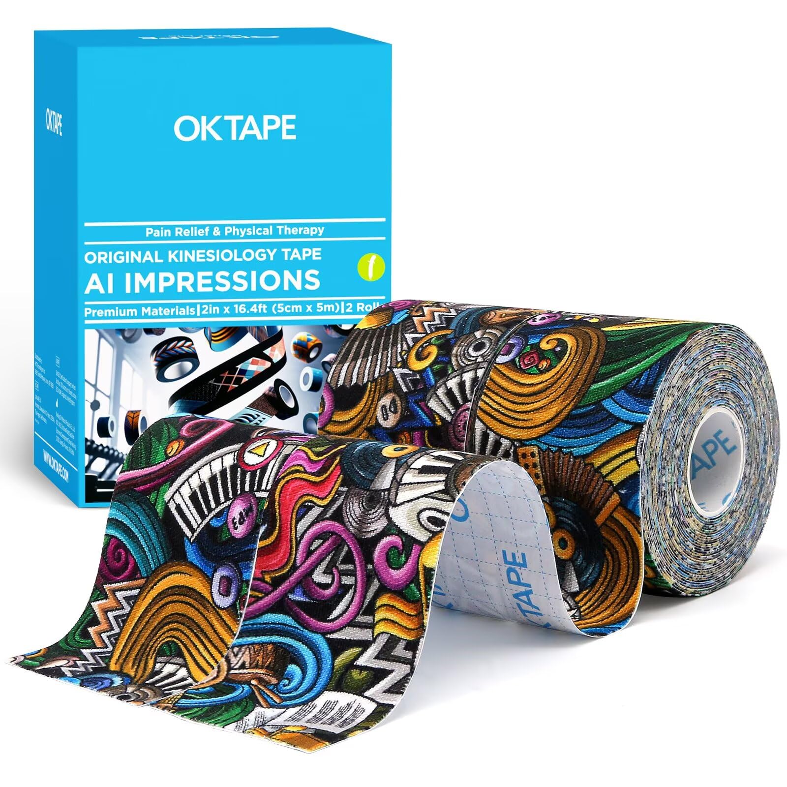 OK TAPE Hypoallergenic Digtal Printed Kinesiology Tape, Elastic Sports Athletic Tape, 2 Rolls, 2in×16.4ft Uncut Roll-DIY